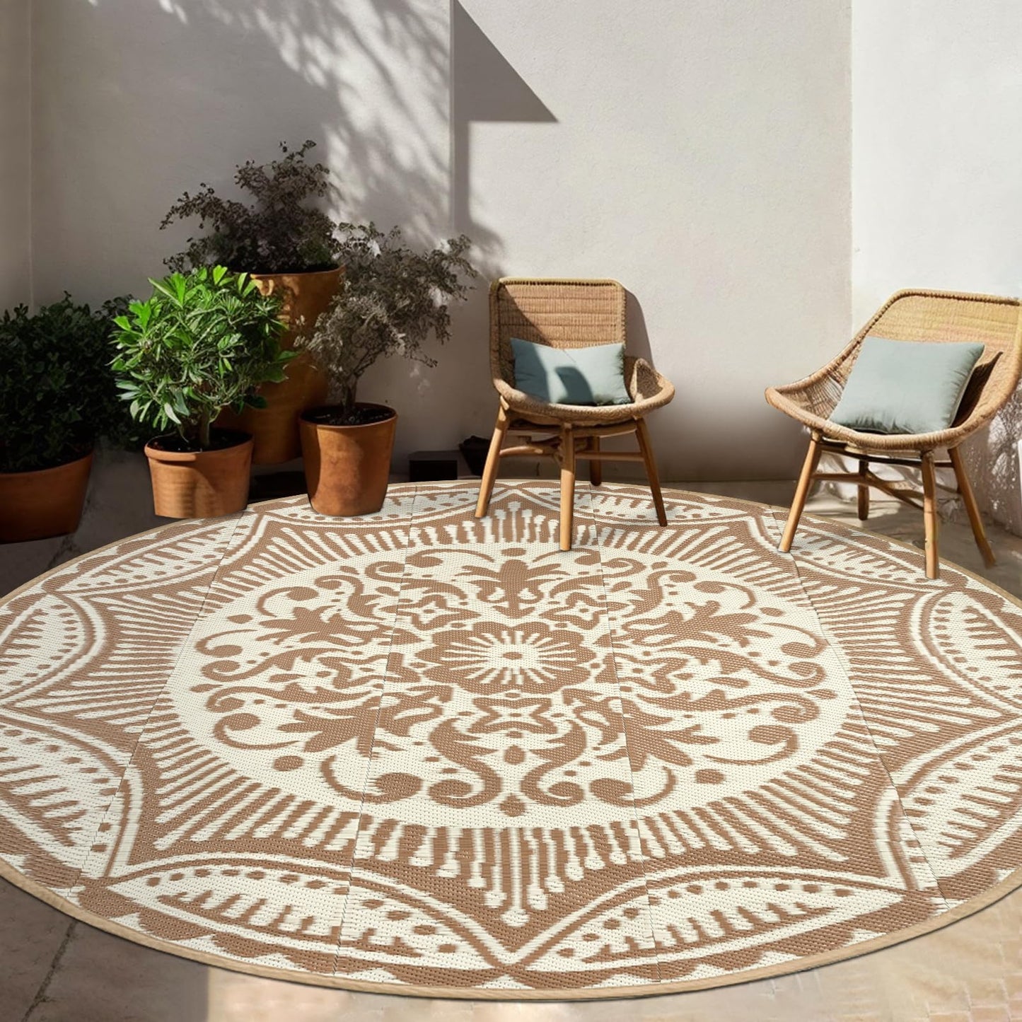 Capslpad 6'x6' Outdoor Rug for Patio Clearance Reversible Mats Round Portable Plastic Straw Carpet Waterproof Boho Indoor Outside Area Rugs for RV Camping Picnic Pool Tent Balcony Beach, Brown&Beige