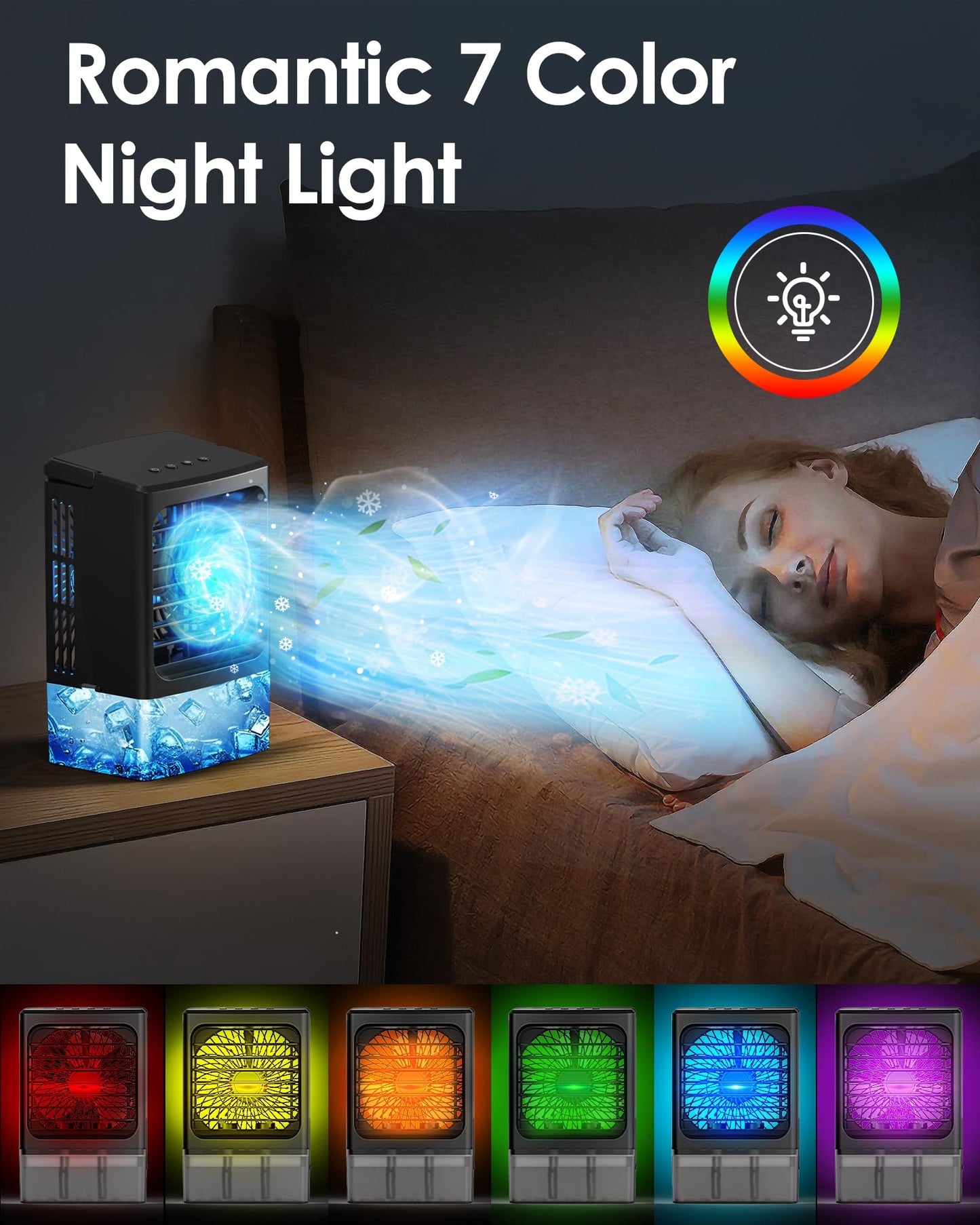 Portable Air Conditioner,Upgraded Small Air Conditioner Personal Air Cooler Mini Evaporative Cooler 3 Wind Speed Portable Small AC with 7 Night Light for Room Home Bedroom Office