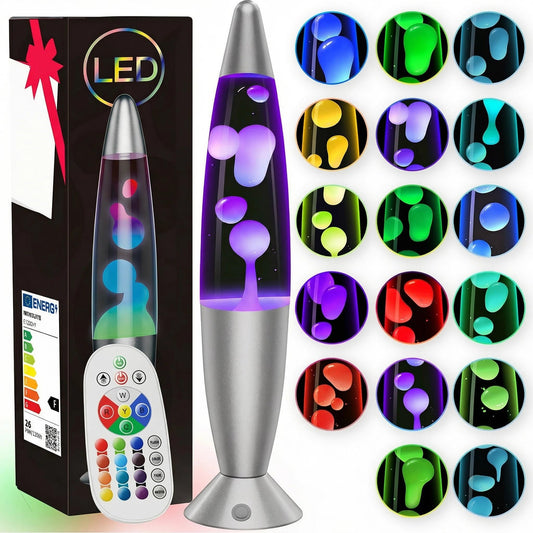 13.5in Liquid Motion Lamp, Remote Control LED Mood Light, 17 Colors Changing Night Light, LED Liquid Motion Lamp for Living Room, Bedroom or Game Room (Silver Base, White Wax and Water)