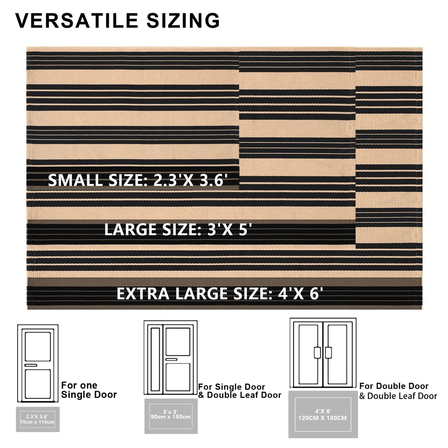 Fallovea Black and Tan Striped Rugs, 90×150 cm Area Rug Outdoor Indoor Front Porch Doormat Cotton Hand-Woven Layered Door Mats for Entryway Patio Entryway Laundry Bedroom Living Room