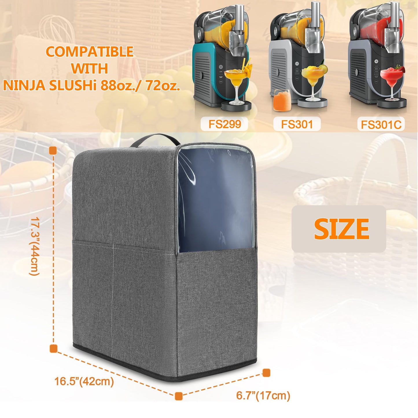 Yarwo Slushie Machine Dust Cover Compatible with Ninja Slushie Professional Frozen Drink Maker, Protective Cover with Visible Window and Pockets for FS301C/FS301/FS299 Smoothie Machine(Cover Only)