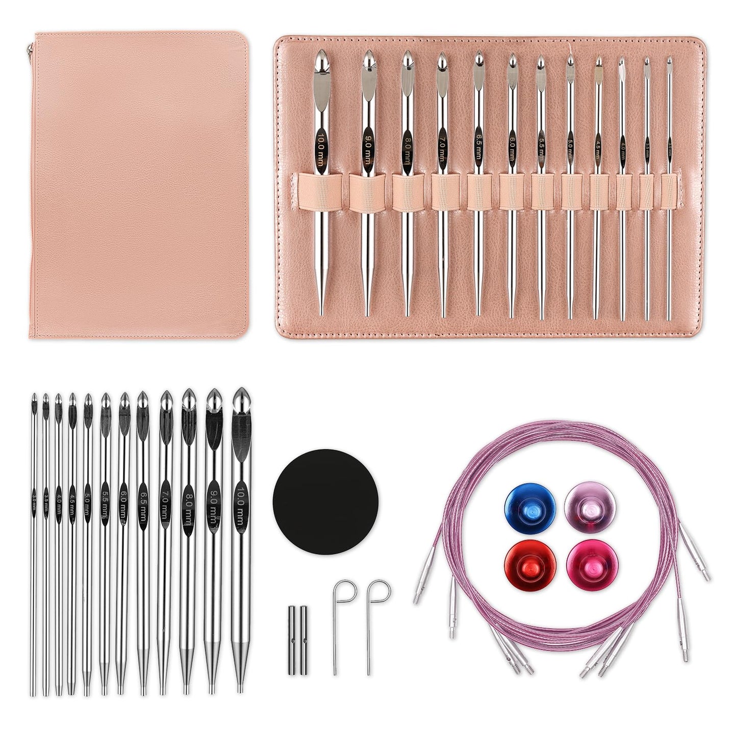 Tunisian Crochet Hooks Set with Cable 6-Inch Aluminum Interchangeable Crochet Hooks Set 3mm-10mm Long Crochet Hooks 26Pic(Pink)