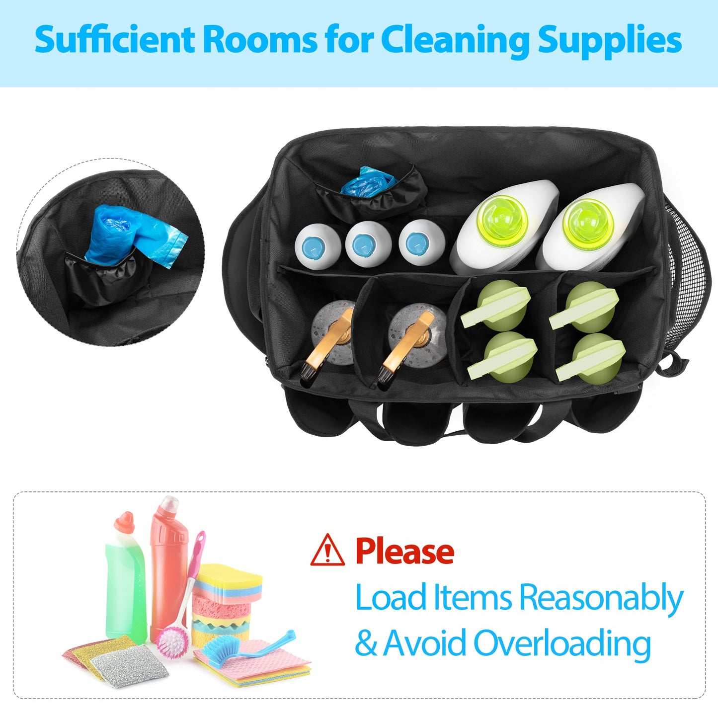 HODRANT Extra-Large Cleaning Caddy, Organizer with Handles for Cleaning Tools & Products Storage, Large Capacity Tote Bag for Car, Home & Housekeeping Work, Black