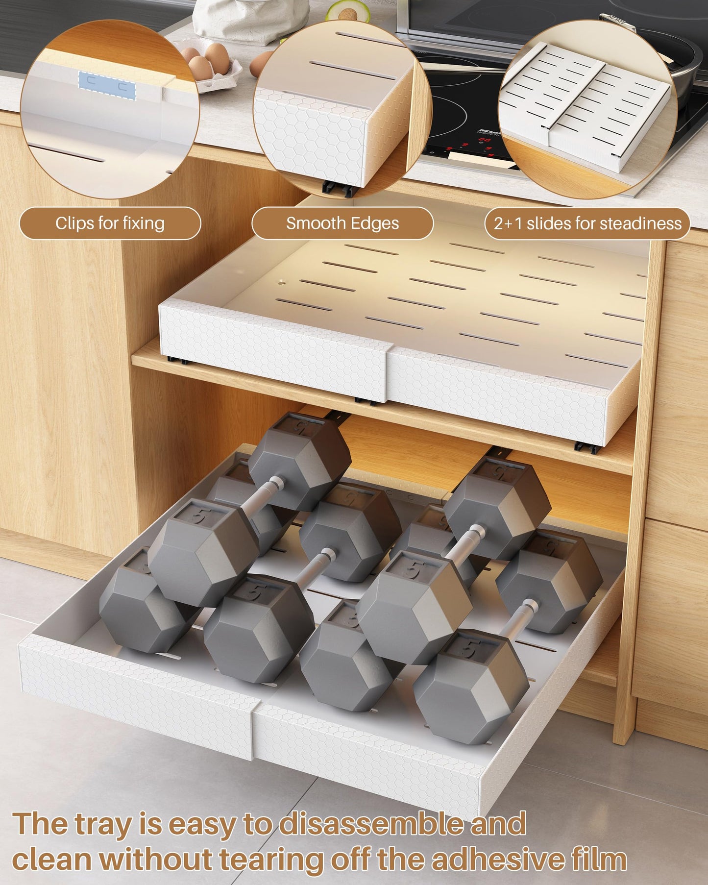 UMDONX 2 Pack Expandable Pull out Cabinet Storage Organizer Kitchen Cupboard Drawers, No Drill Adhesive Pantry Shelf Peel and Stick Sliding Rack(Durable Metal White Load 65LBS 21"Deep)