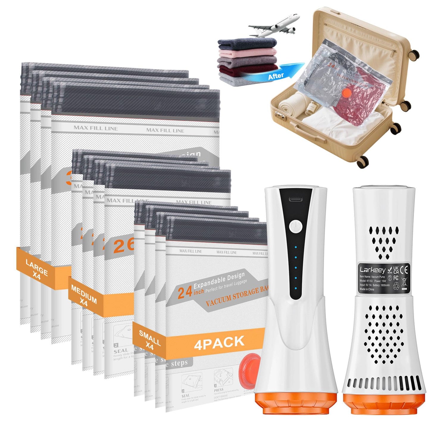 Vacuum Bags for Travel with Rechargeable Air Pump, 12 Pack Compression Packing Bags 80% Space Saver Vacuum Seal Bags for Clothing, Blankets, Comforters, Pillows, Suitcase and Luggage