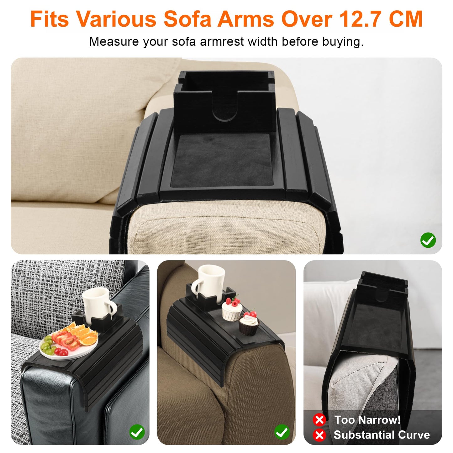 Joy&Grace Sofa Armrest Tray with Large Mug Holder, Bamboo Couch Arm Tray, Anti-Slip Couch Cup Holder Foldable Sofa Arm Table for Eating Drinks Cellphone (Color Black)