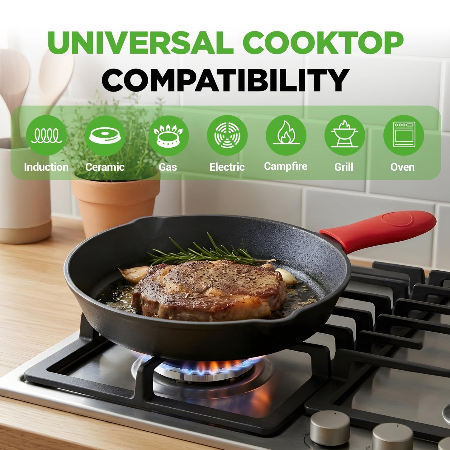 NutriChef 3pc Cast Iron Skillet Set - Nonstick Pans with Drip Spout, Silicone Handles, for All Cooktops