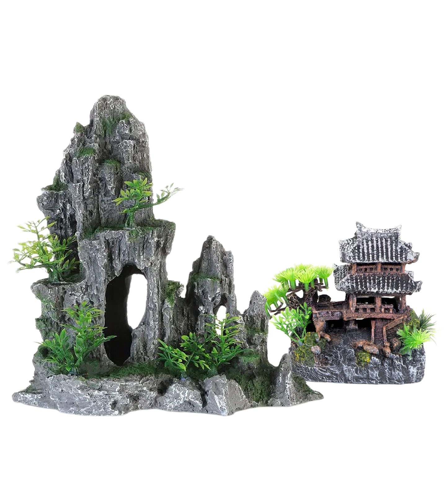 AWXZOM Extra Large Aquarium Decorations kit - “Ancient Temple in The Mountain”, Japanese Aquarium Decorations Resin Aquarium Castle Decorations Aquarium Mountain View Stone