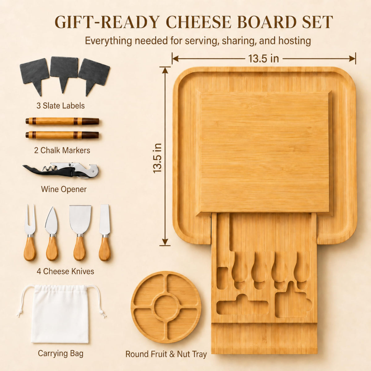 Charcuterie Boards - Large Bamboo Cheese Board Set with Knives, Serving Meat and Cheese Platter Tray for Housewarming Gifts New Home, Wedding, Bridal Shower, Birthday Gifts for Women, Hostess