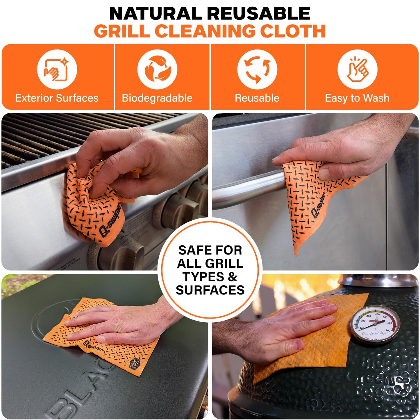 Q-Swiper XL Complete Grill Cleaner Kit - Hot + Cold + Exterior Grill Cleaning. Includes 1 Long Grill Brush, 2 Steam Clean Cloths, 40 Moist Grill Wipes, 1 Exterior Reusable Cloth and 1 Tray.