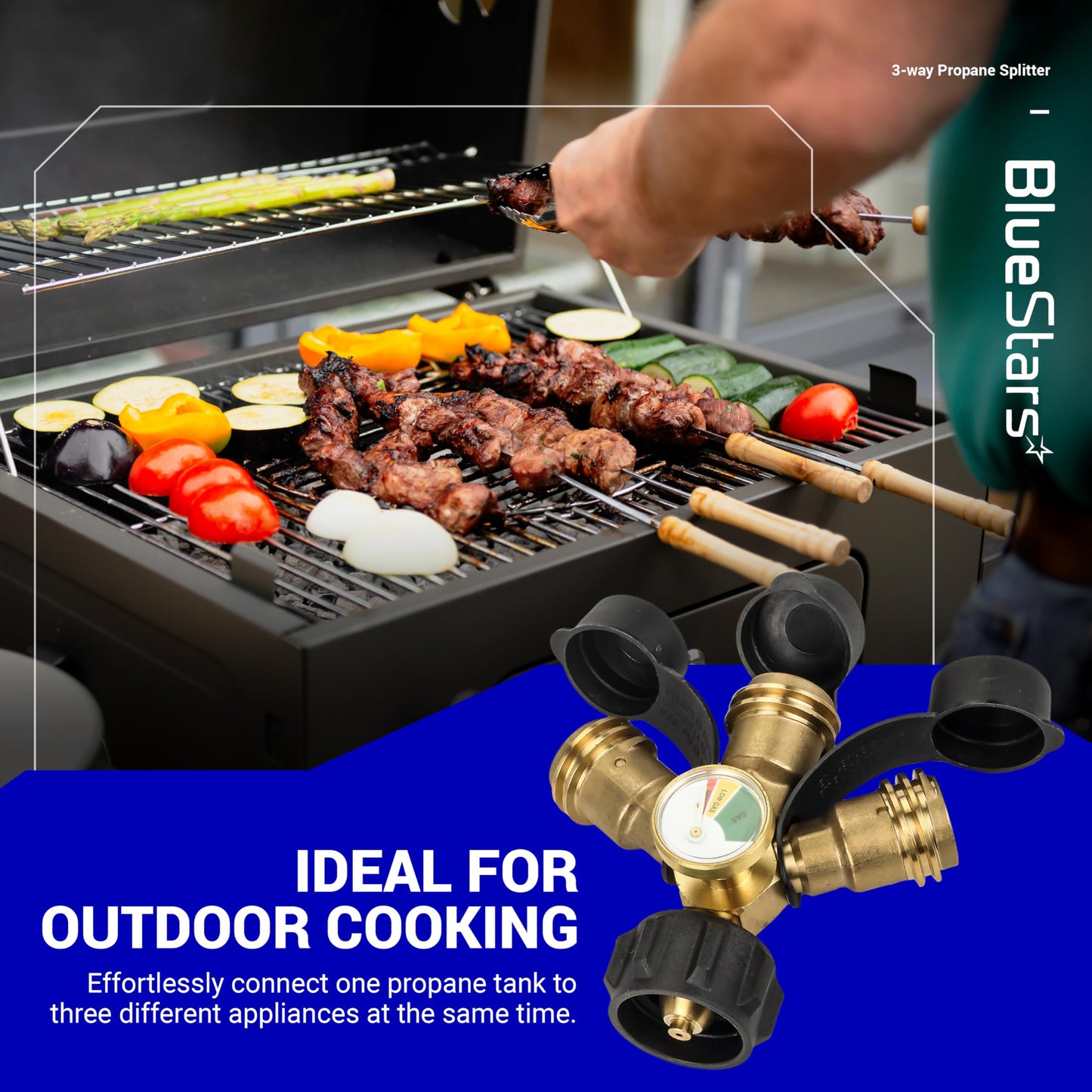 BlueStars 3-Way Propane Splitter Connector QCC/POL with Gauge & Shut-Off Valve – for Gas Grills, Heaters, Camping Stoves, BBQ Griddles, Gas Burners