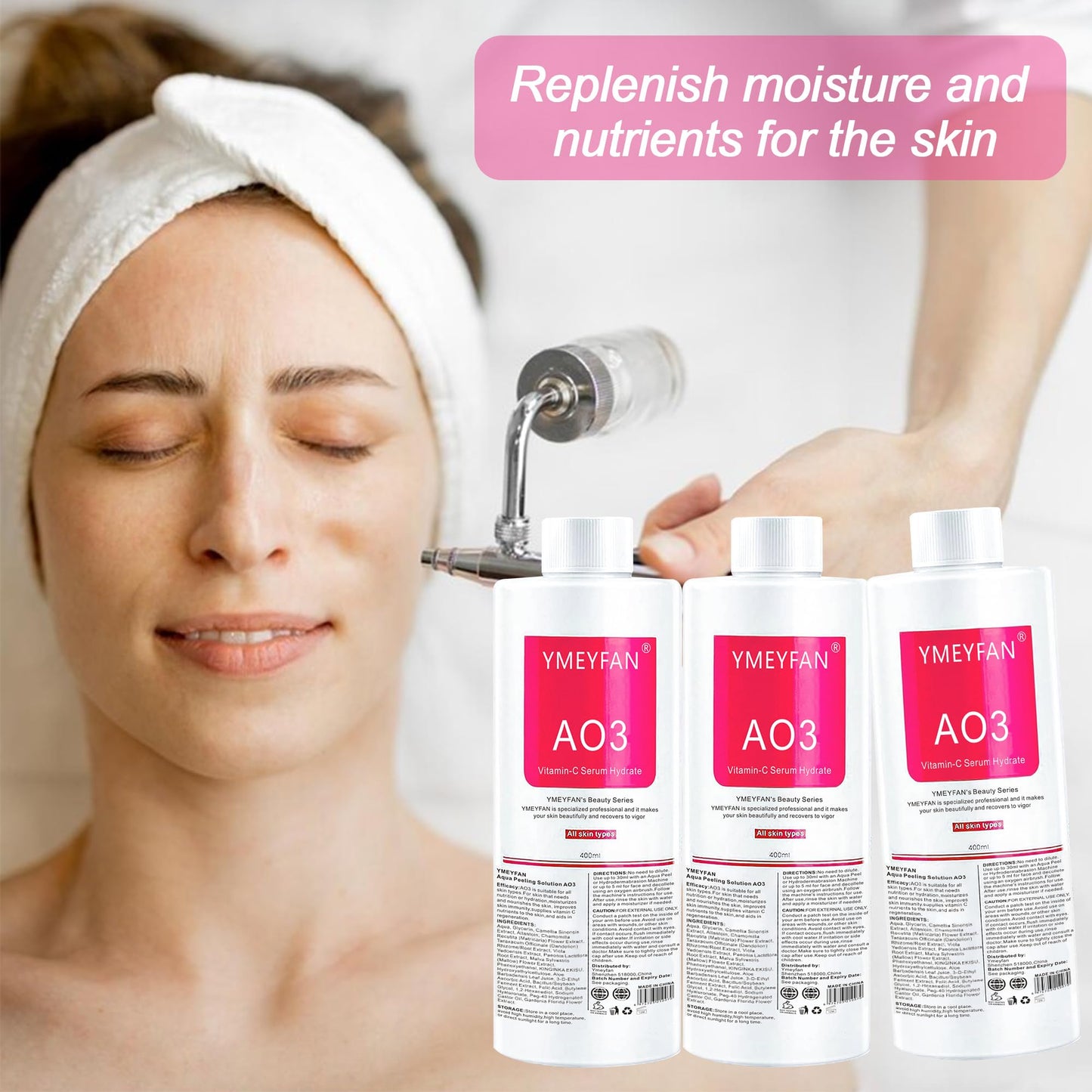 YMEYFAN AS1 SA2 AO3 Hydrate Facial Solution (English Ver.) for Hydra Machine SPA Salon Facial, Aqua Peeling Solution for Small Bubble Facial Machine Cleansing, Exfoliate, Hydrating (400ml Mix 3PCS)