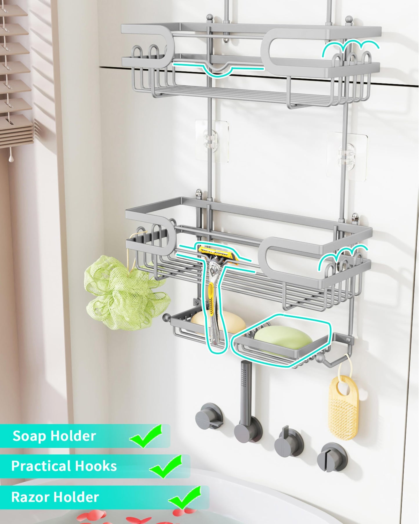 HapiRm Shower Caddy Hanging - 3 Tier Over Head Shower Caddy No Drilling, Bathroom Organizers with 2 Soap Holder & 12 Hooks, Bathroom Shelf Organizer for Shampoo, Soap, 12.6 x 4.7 x 28in