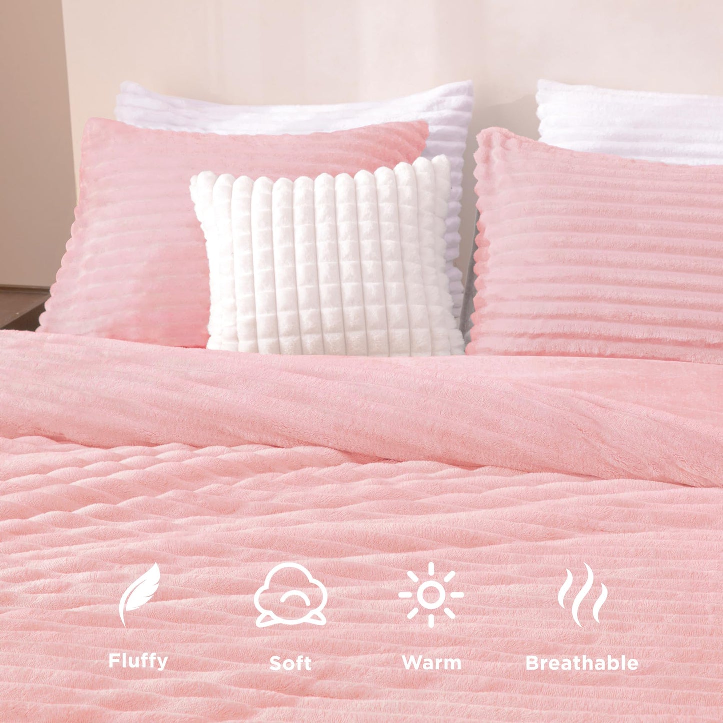 Andency Pink Comforter Set Queen, 3 Pieces Fleece Comforter for Queen Size Bed, Soft Warm Fluffy Fuzzy Luxury Plush Bedding Comforter Set for Winter (1 Comforter & 2 Pillowcases)