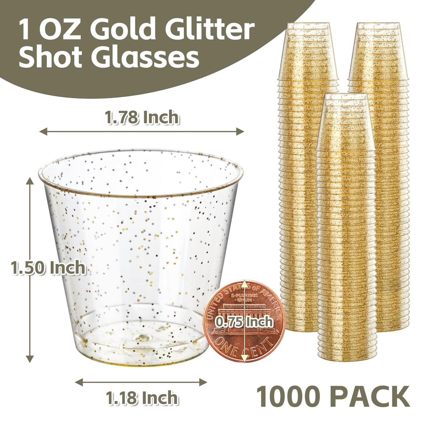 Byvivace [1000 Pack 1oz Shot Glasses Disposable Cups, Gold Glitter Plastic Shot Glasses for Sauces & Dips, Shot Cups Ideal for Tequila, Whiskey, Wine Tasting, Vodka & Liquor