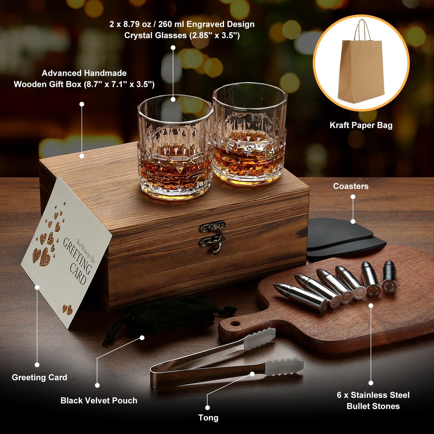 Gifts for Men, Father's Day Anniversary Birthday Gifts Ideas for Men Dad Him Husband Boyfriend, Stainless Steel Whiskey Stones and Whiskey Glasses Set, Cool Whiskey Bourbon Gifts for Men