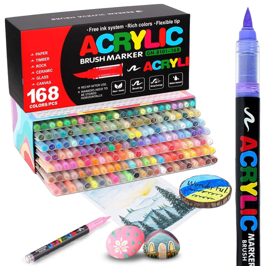 168 Colors Acrylic Paint Markers, Soft Brush Tip Acrylic Paint Pens, Waterproof Coloring Art Markers for Wood, Metal, Ceramic, Fabric, Stone, Egg, Rock Painting and DIY Art Crafting