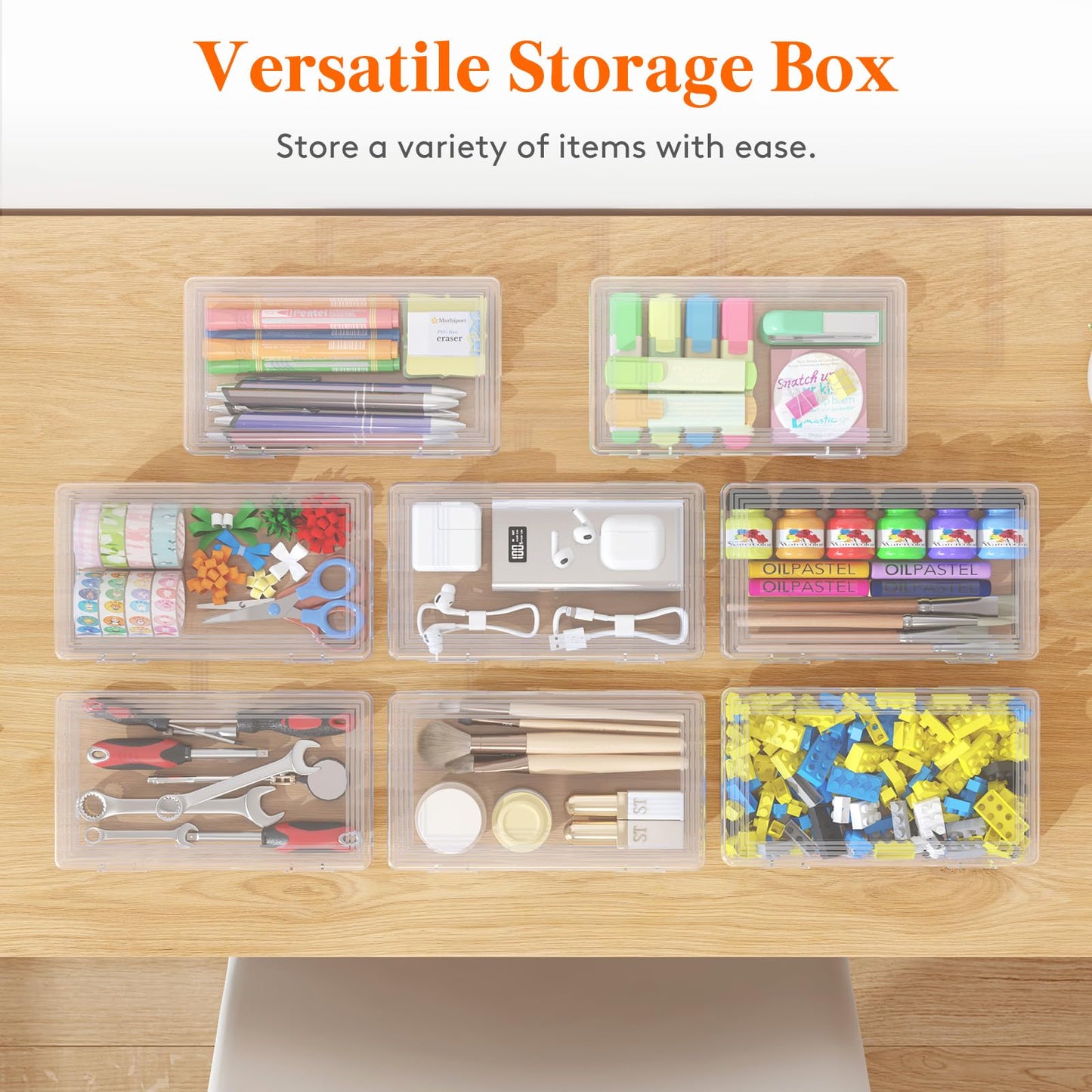 Lifewit Plastic Pencil Box with Snap-tight Lid, Large Capacity Hard Pencil Case Containers, Stackable Craft Pen Holder Clear Desk Drawer organizer and Storage for Art Supply, Office, 10 Pack
