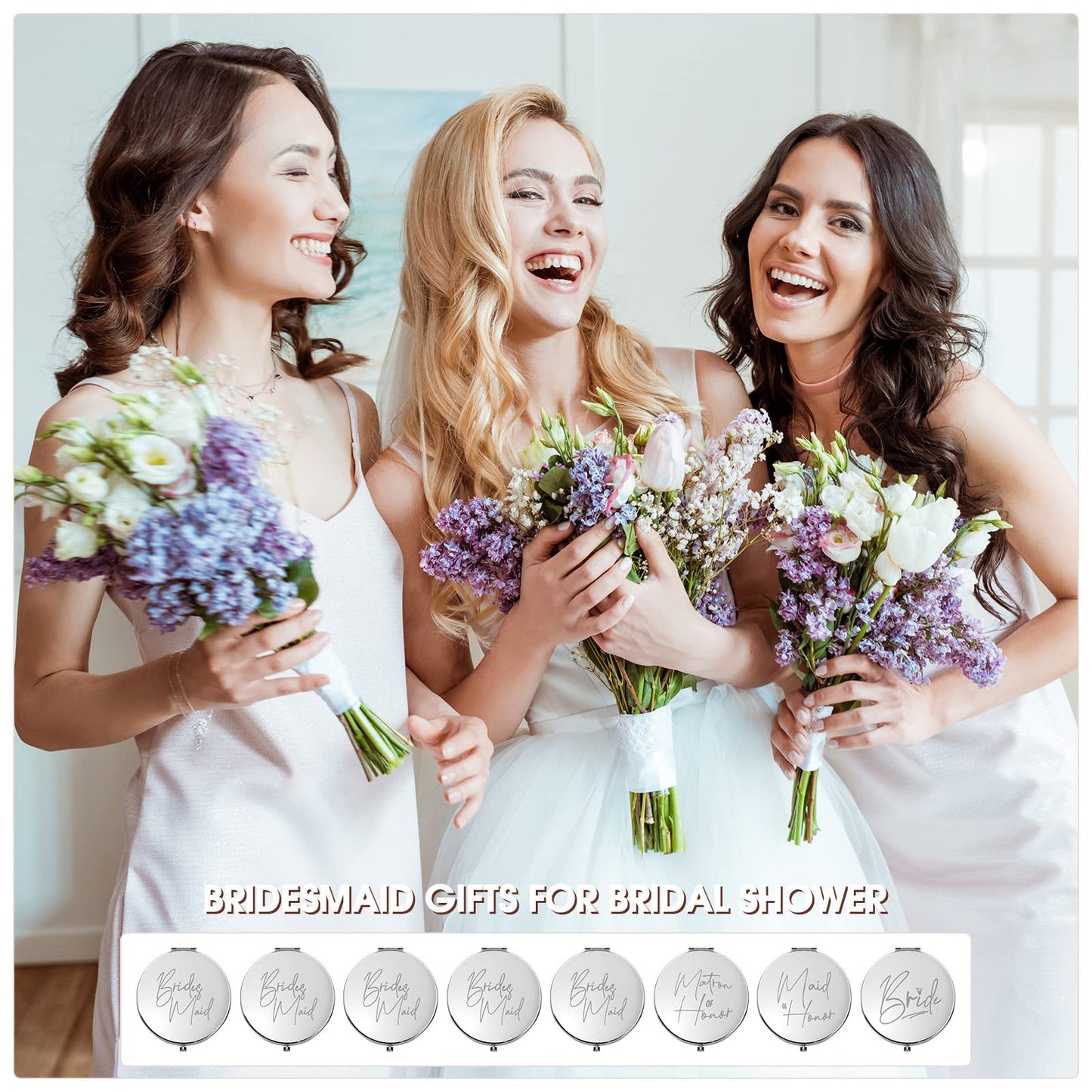 Roowest 8 Pcs Bridesmaid Proposal Gifts Set Bridesmaid Compact Mirrors Magnifying Makeup Double Sided for Purse Pocket for Women Wedding Bridal Shower Gifts Party Favors(Silver, White)
