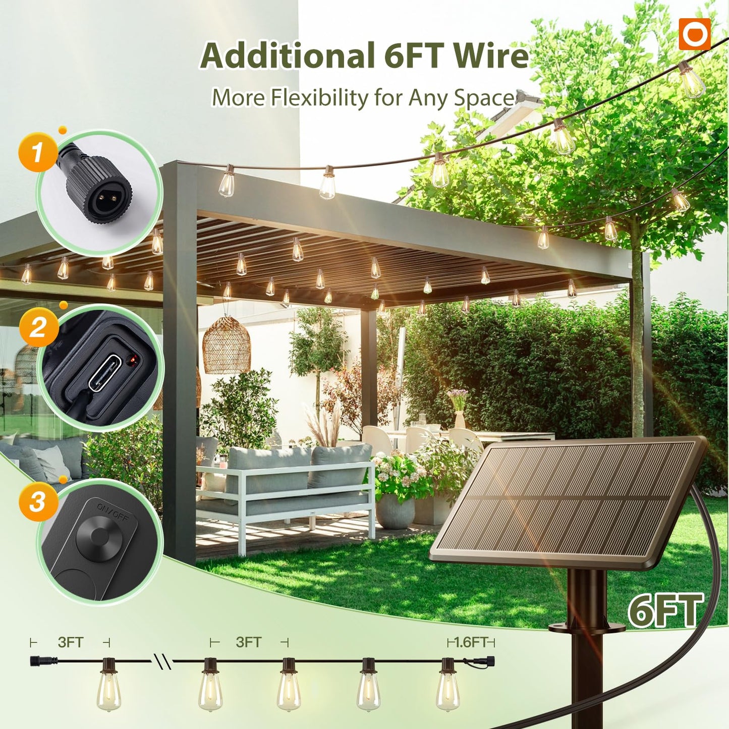 addlon 42FT(36+6) Solar Lights Outdoor Waterproof, String Lights Outdoor Solar power with Remote & USB Port 12+1 LED Shatterproof Bulbs 3 Light Modes,Dimmable &Timable Solar Light for Camping Backyard