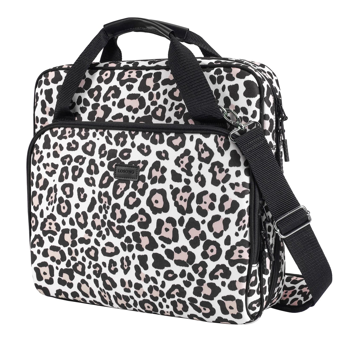 Losong 3 Ring Zipper Binder 3 Inch D-Ring, Binder with Strap 700 Sheet Capacity & Multi-Pockets School and Office Binder Organizer, Compatible with 13-Inch MacBook (Patent Design Leopard)