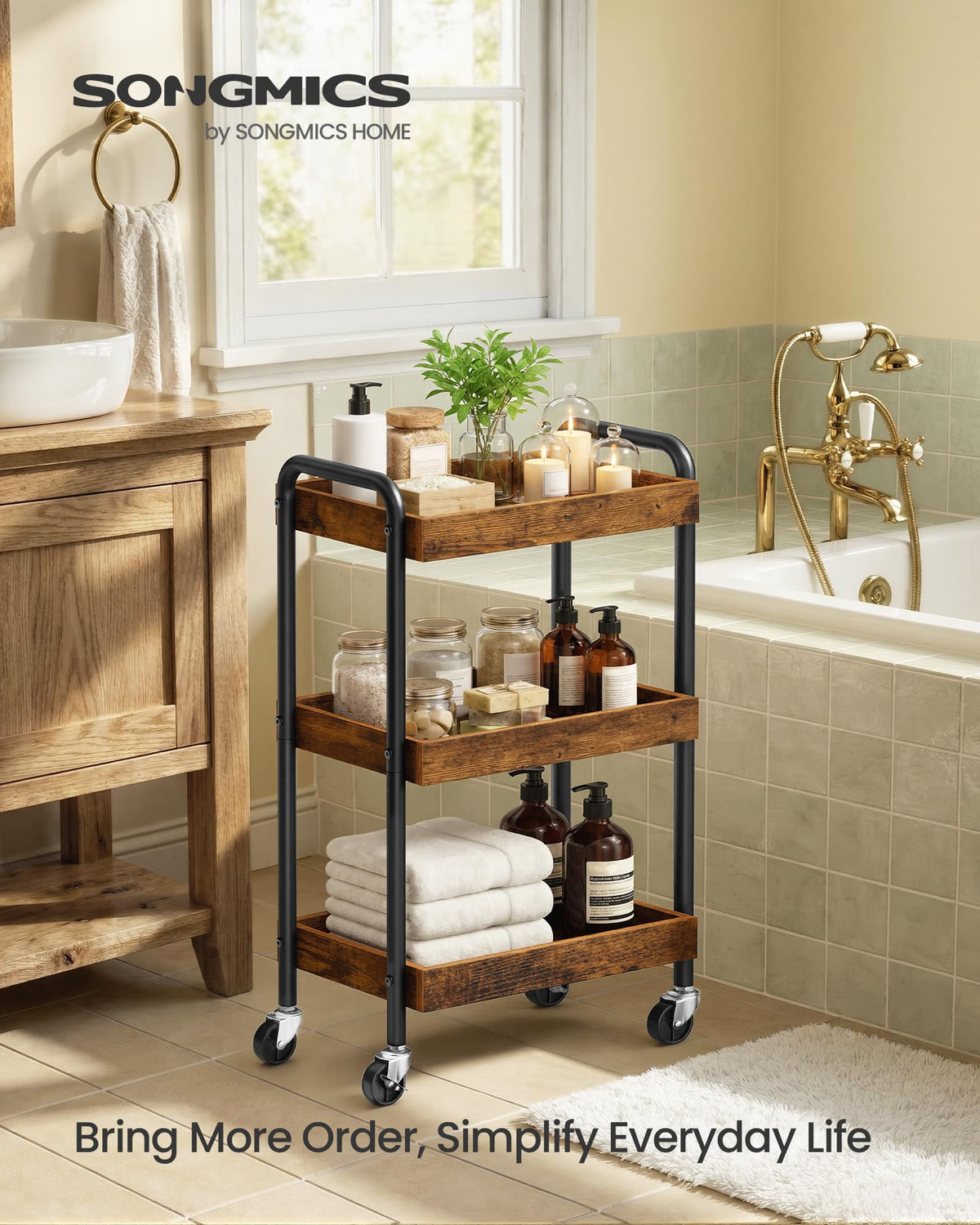 SONGMICS 3-Tier Rolling Cart on Wheels, Kitchen Storage Utility Cart for Bedroom, Bathroom, Study, MDF Shelves with Metal Frame and Handles, 27.5 x 41.3 x 73 cm, Rustic Brown ULRC081KD01