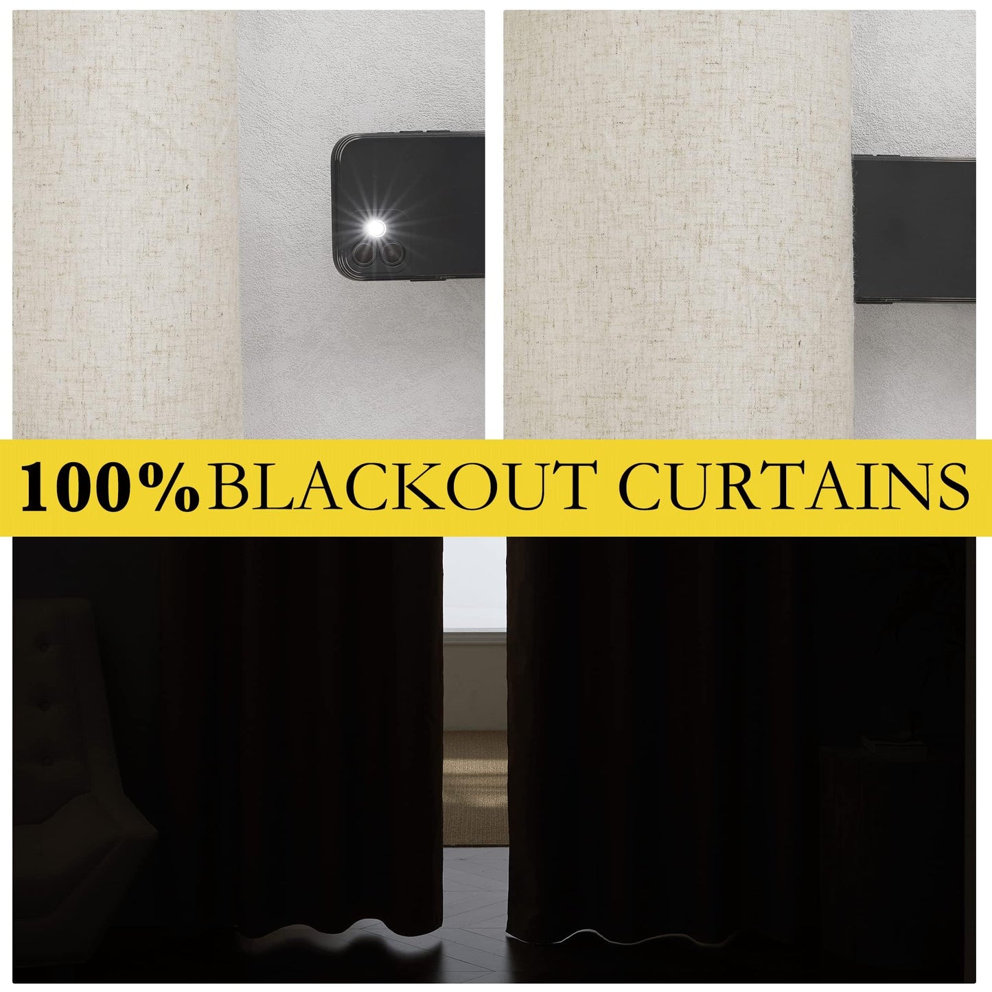 NICETOWN 100% Blackout Natural Linen Curtains 95 Inches Length, Back Tab & Rod Pocket Window Draperies 2 Panels with Thermal Insulated Liners for Living Room/Bedroom, 52 Inches Width