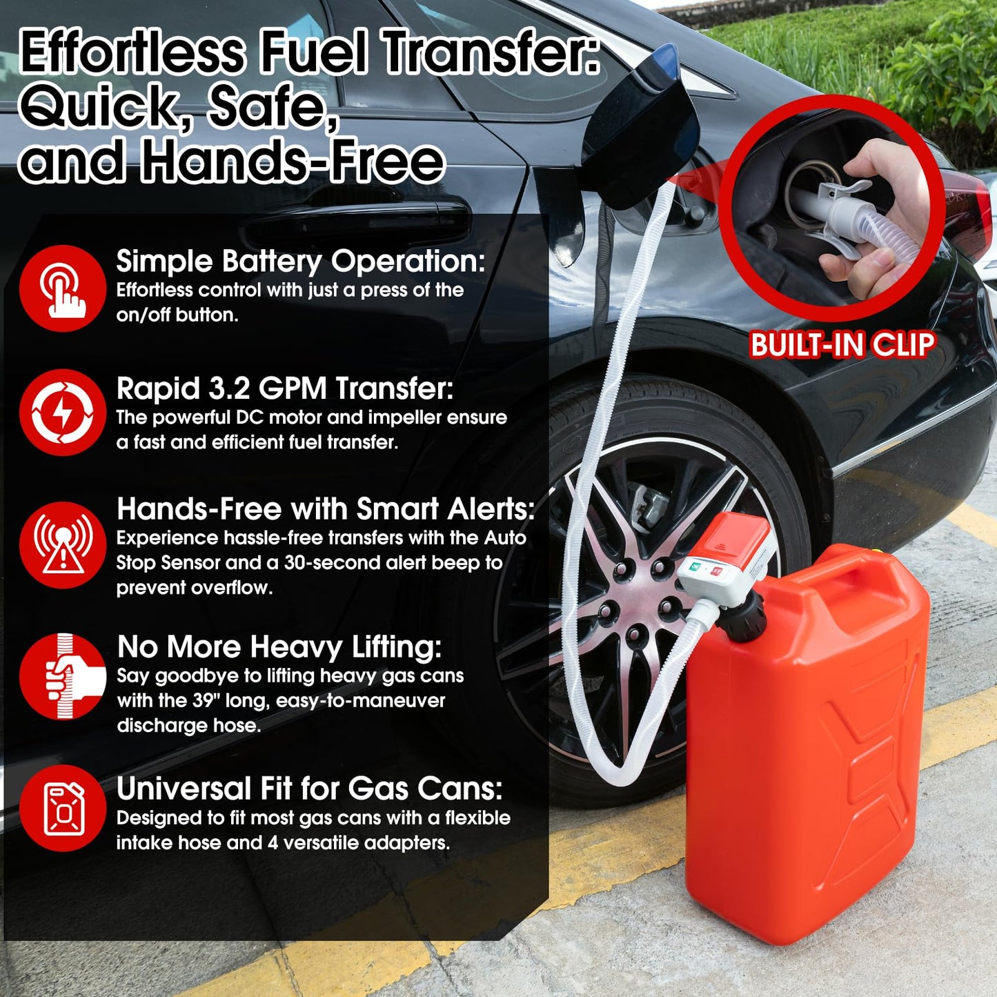 Fuel Transfer Pump with Auto-Stop Sensor-3.2GPM,30s Alert Beep,Overfill Protection,51"Hose Transfer Pump Battery Powered with 4 Tank Adapter,Portable Liquid Pump with Nozzle for Gasoline,Diesel,Oil