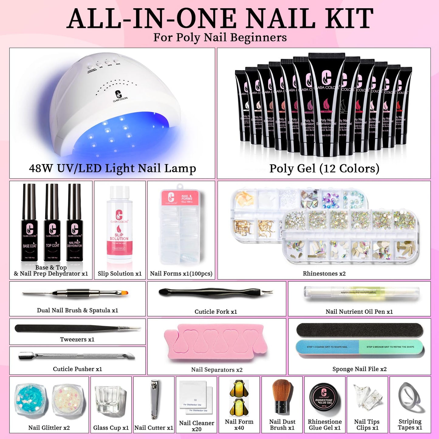 Clara Colors Poly Extension Gel Nail Kit-12 Colors Poly Kit with 48W LED Nail Lamp All In One Poly Nail Gel Starter Kit with Slip Solution and Tools for Nail Art DIY Soak Off UV Salon Home Gift for Women&Girls