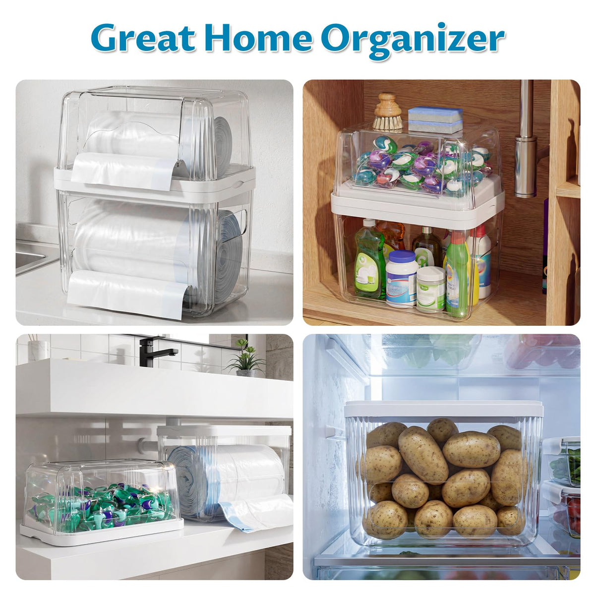Onemake 3-in-1 Acrylic Trash Bag Dispenser & Laundry Pods Container Organizer, Extra Large Garbage Bag Holder for Kitchen Laundry Room Under Sink Pantry Organization and Storage (Clear, XL)
