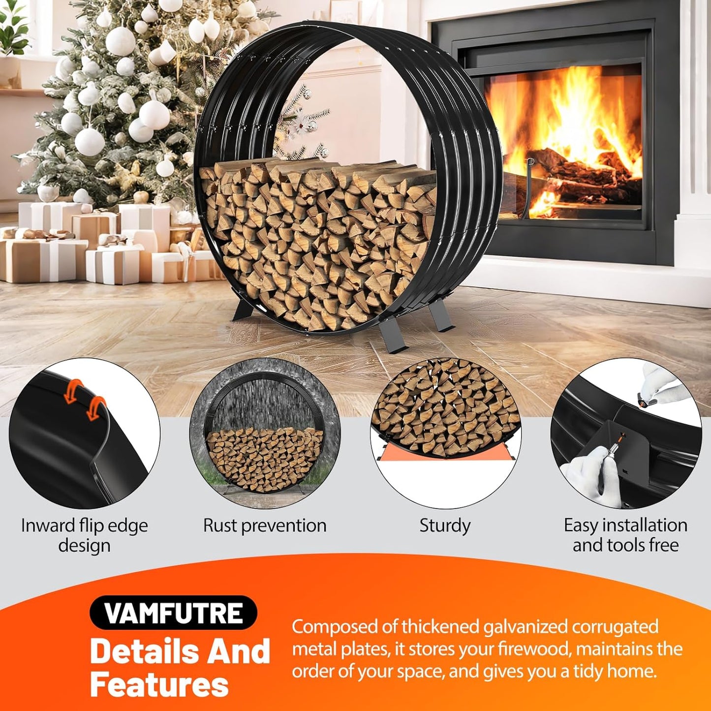 Round Metal Sheet Firewood Rack by Fireplace Indoor/Beside Fire Pit Outdoor-with Metal Legs,Rustproof,Durable & Stylish Firewood Holder (Circle, 40 inches diameter)