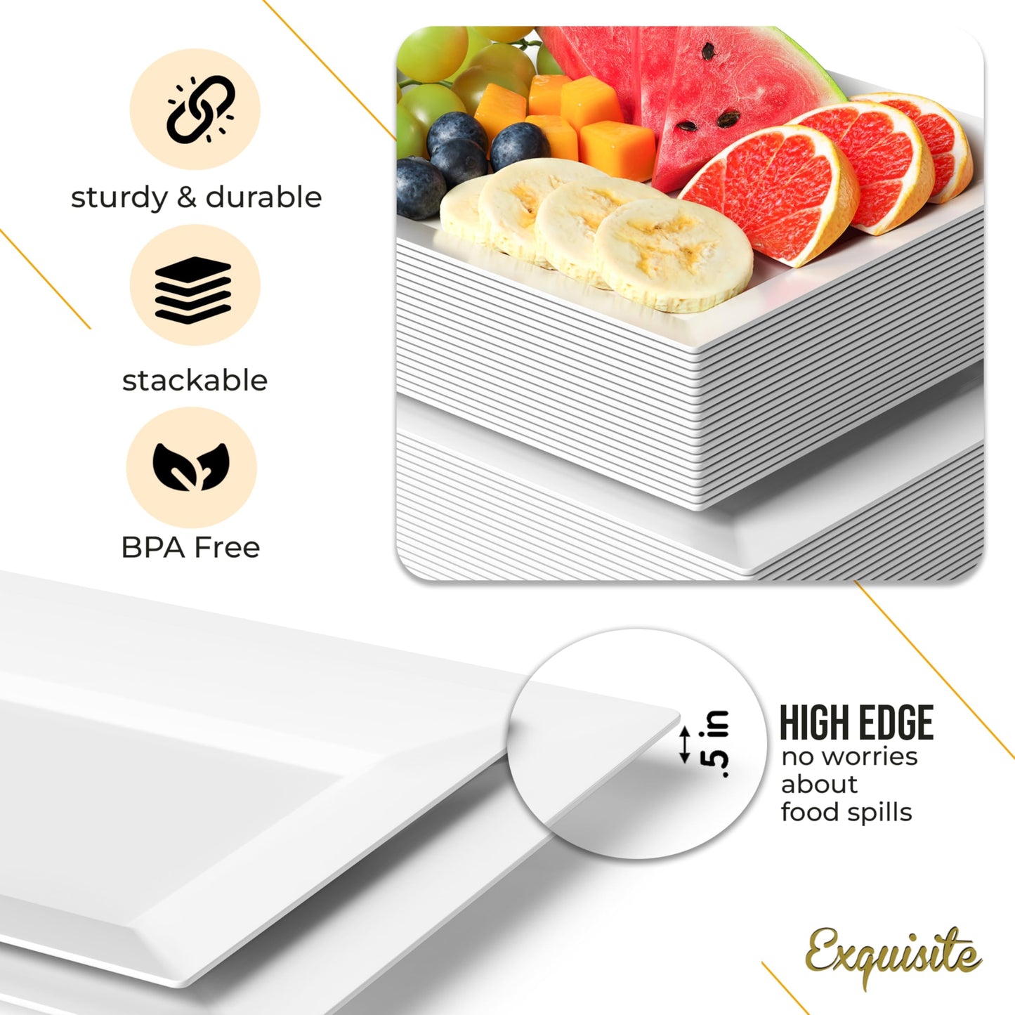 Exquisite 11.5 Inch. White Rectangular Premium Plastic Plates - 40 Count