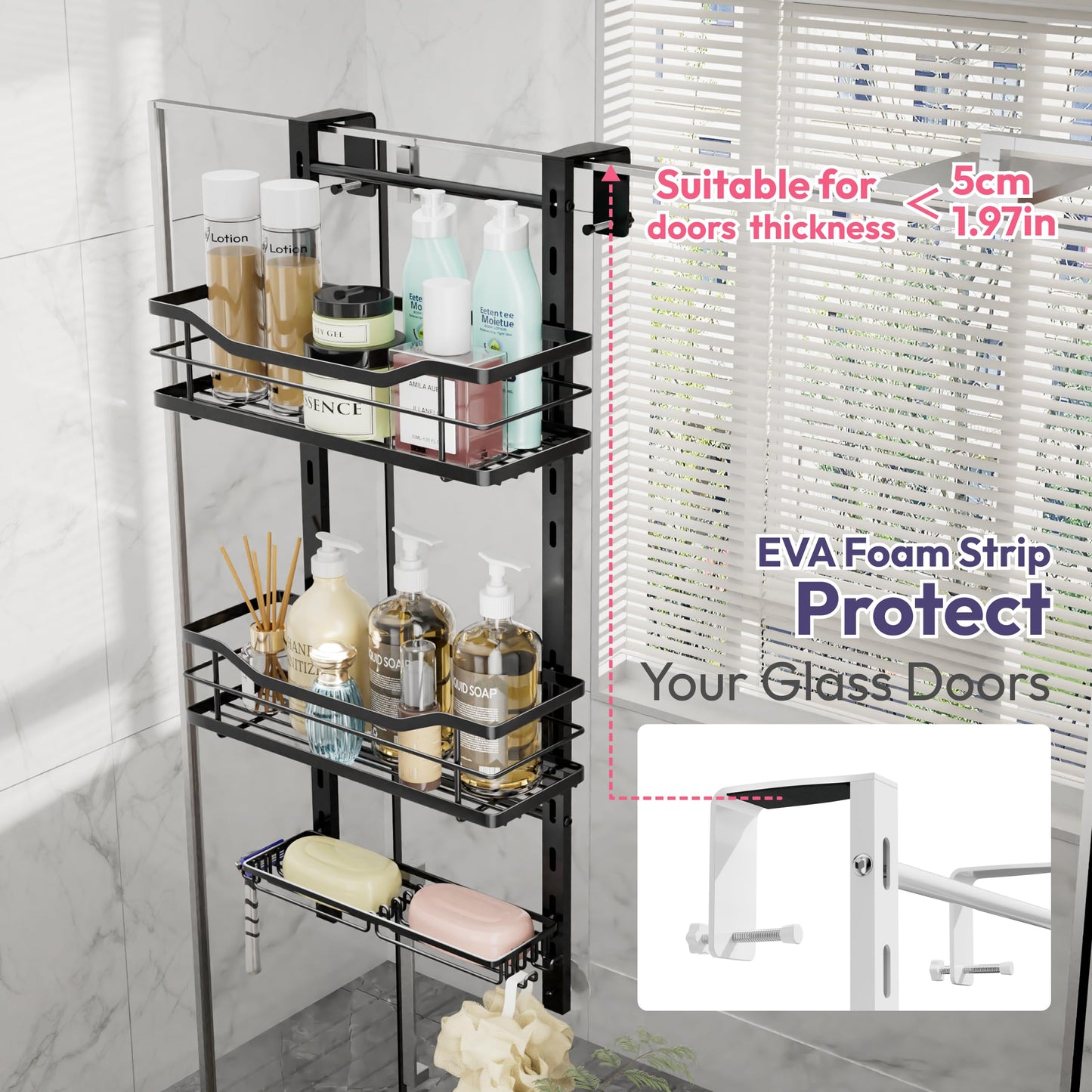 SWTYMIKI Over the Door Shower Caddy - 3 Tier Adjustable Shower Caddy Hanging with Soap Holder, No Drilling Stainless Steel Shower Organizer Hanging for Body Wash, Shampoo, Soap, Razor