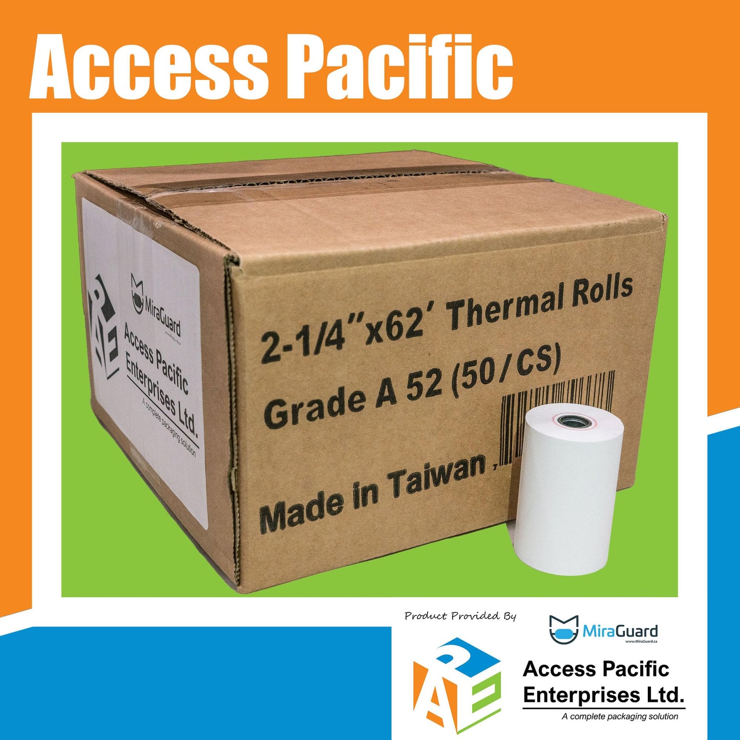 Mira Pak Longer Thermal Paper Rolls for Credit/Debit Card Terminals - Convenient Box of 50, 2-1/4" x 62 ft, Universal Fit, Won't Smudge or Fade, Perfect for Receipts and Invoices