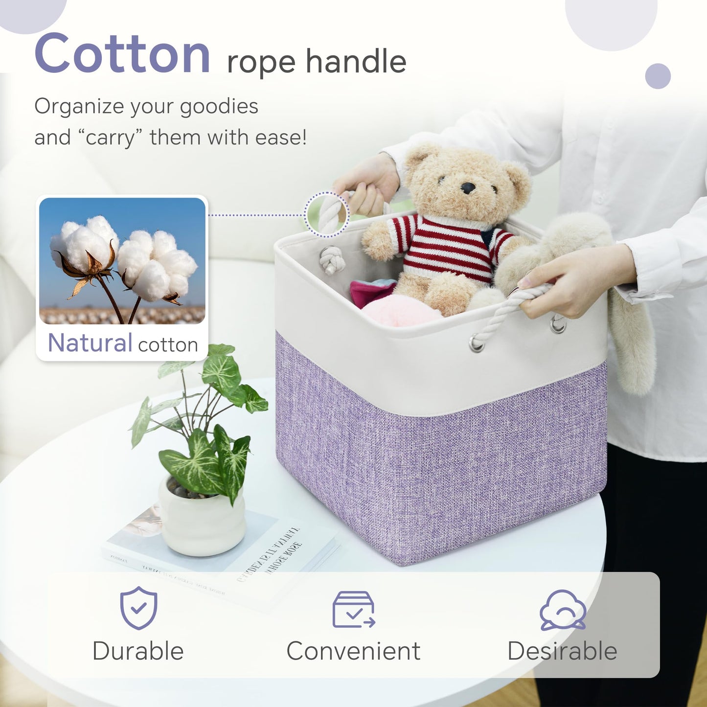 FinishingBo Cube Storage Bins, 6 Pack 11x11 inch with Cotton Handles for Closet, Shelves, Clothes, Towel (White/Purple-6 Pack)