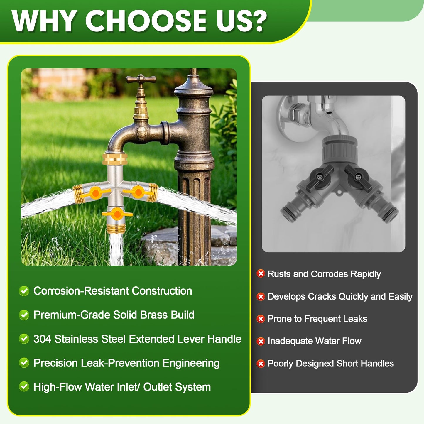 DINGBAI Hose Splitter 3 Way, High Flow Garden Hose Splitter, 3/4” GHT Inlet Brass Heavy Duty Hose Converter, Water Three- Way Faucet Hose Splitter, Stainless Steel Handle Hose Valve Large Outlet.
