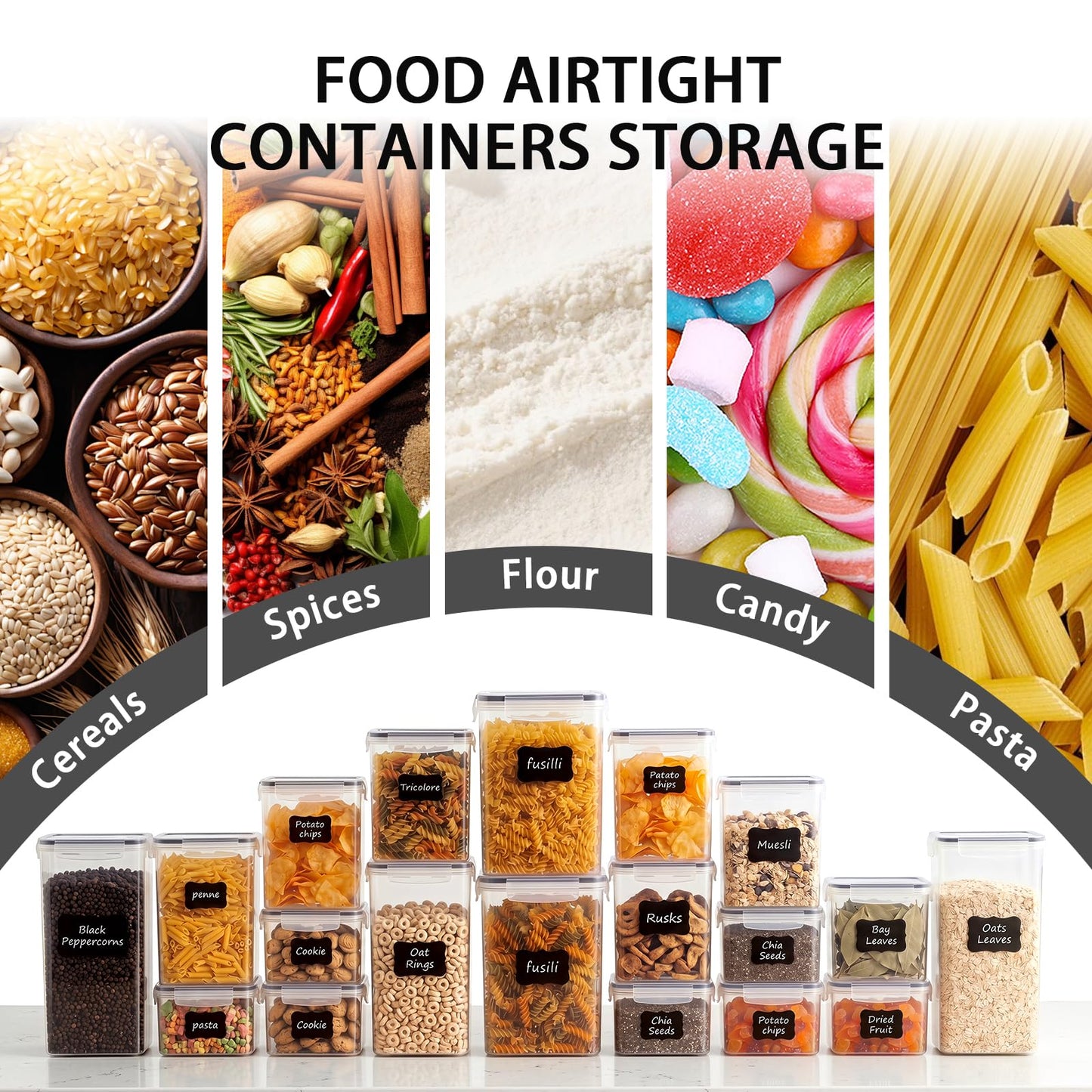 Asnews 15 PCS Airtight Food Storage Containers with Lids, Plastic Kitchen and Organization Canisters for Cereal, Dry Food, Flour and Sugar, BPA-Free, PVC-Free, Includes Labels & Marker