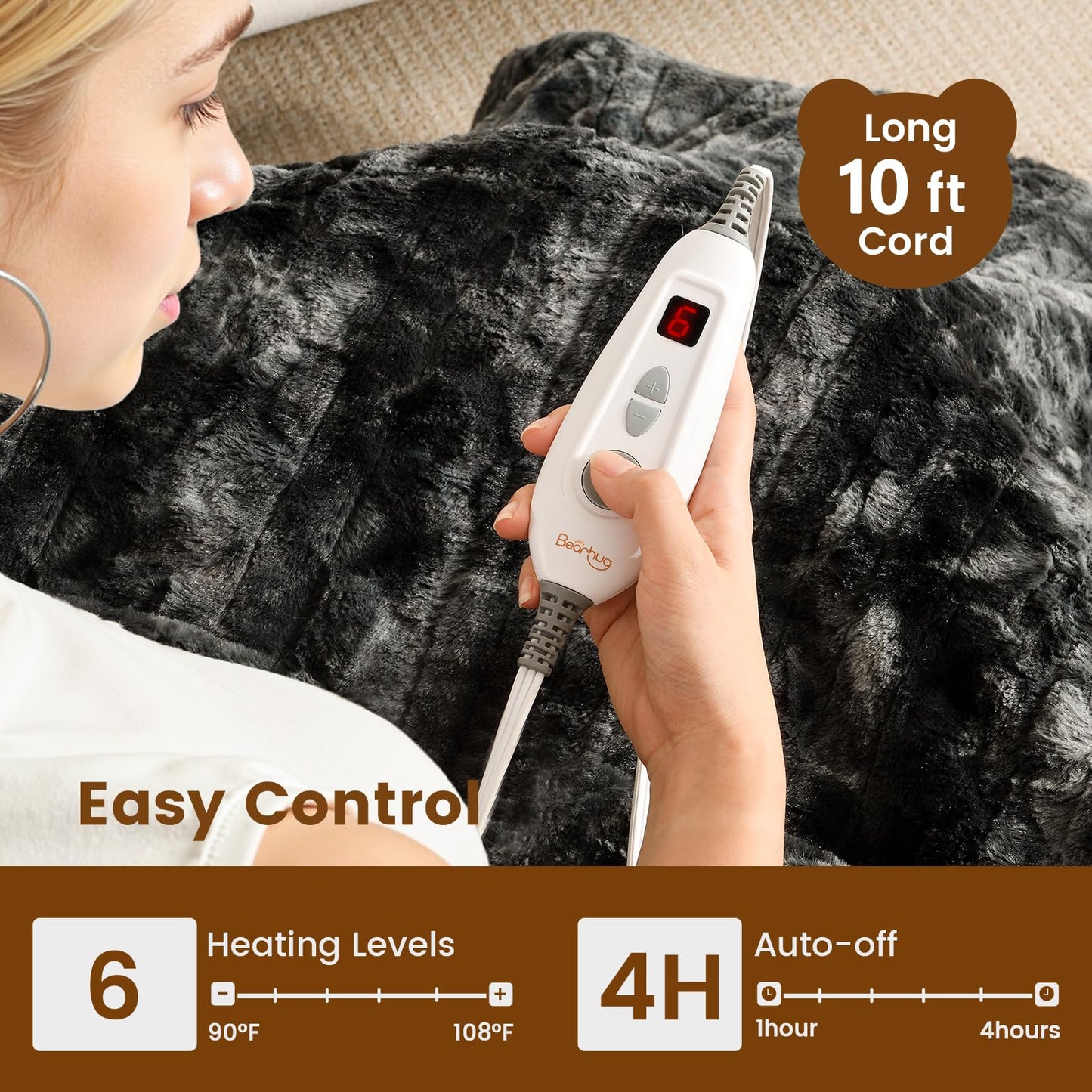 Bearhug Electric Heated Throw Blanket 50" x 60", Reversible Faux Fur & Sherpa, 5-Year Warranty, 6 Heating Levels & 4H Auto Off, Over-Heat Protect, ETL Certification