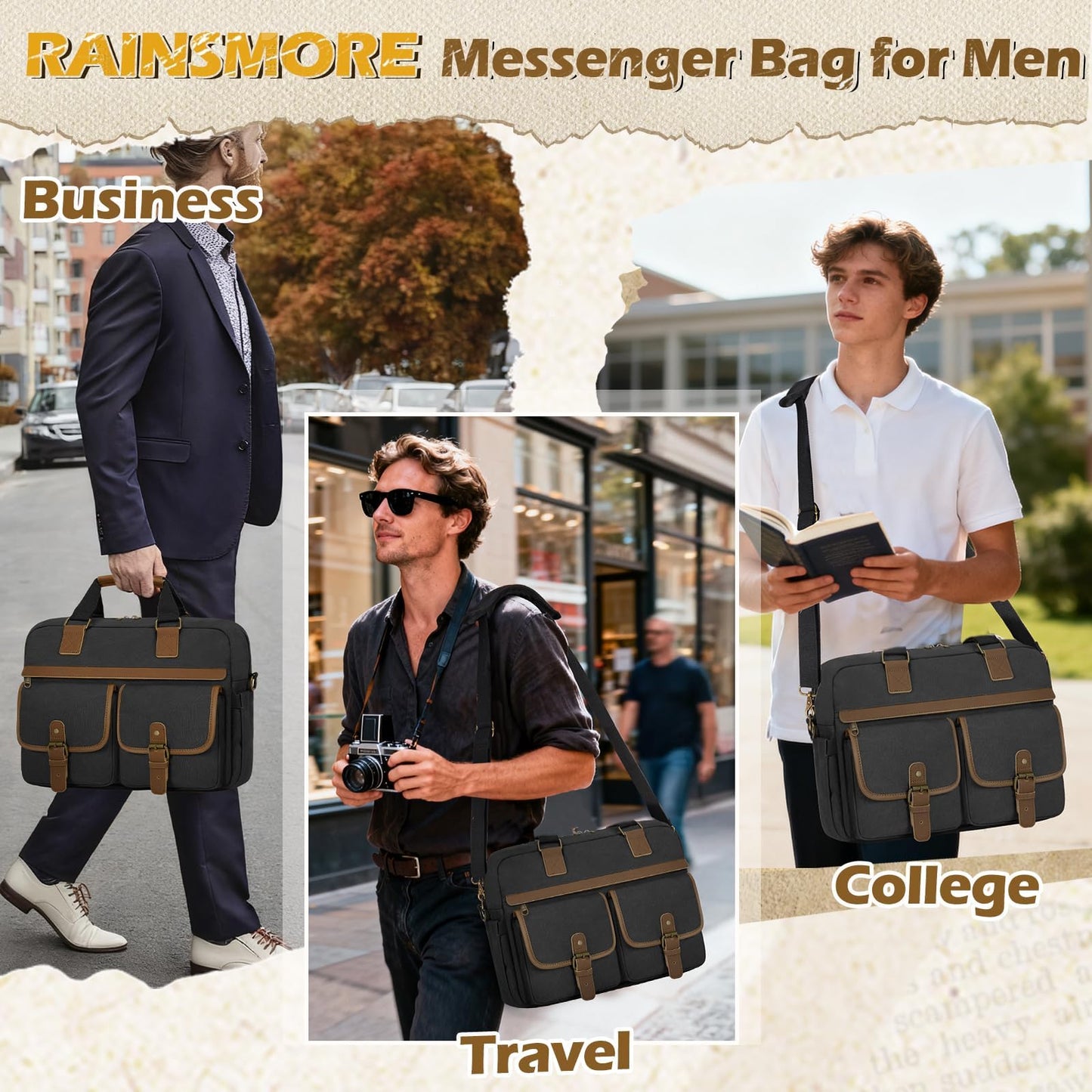 RAINSMORE Messenger Bag for Men 15.6 Inch Laptop Briefcase, Waterproof Canvas Computer Satchel Large Capacity Crossbody Shoulder Bag for Business Travel Office College