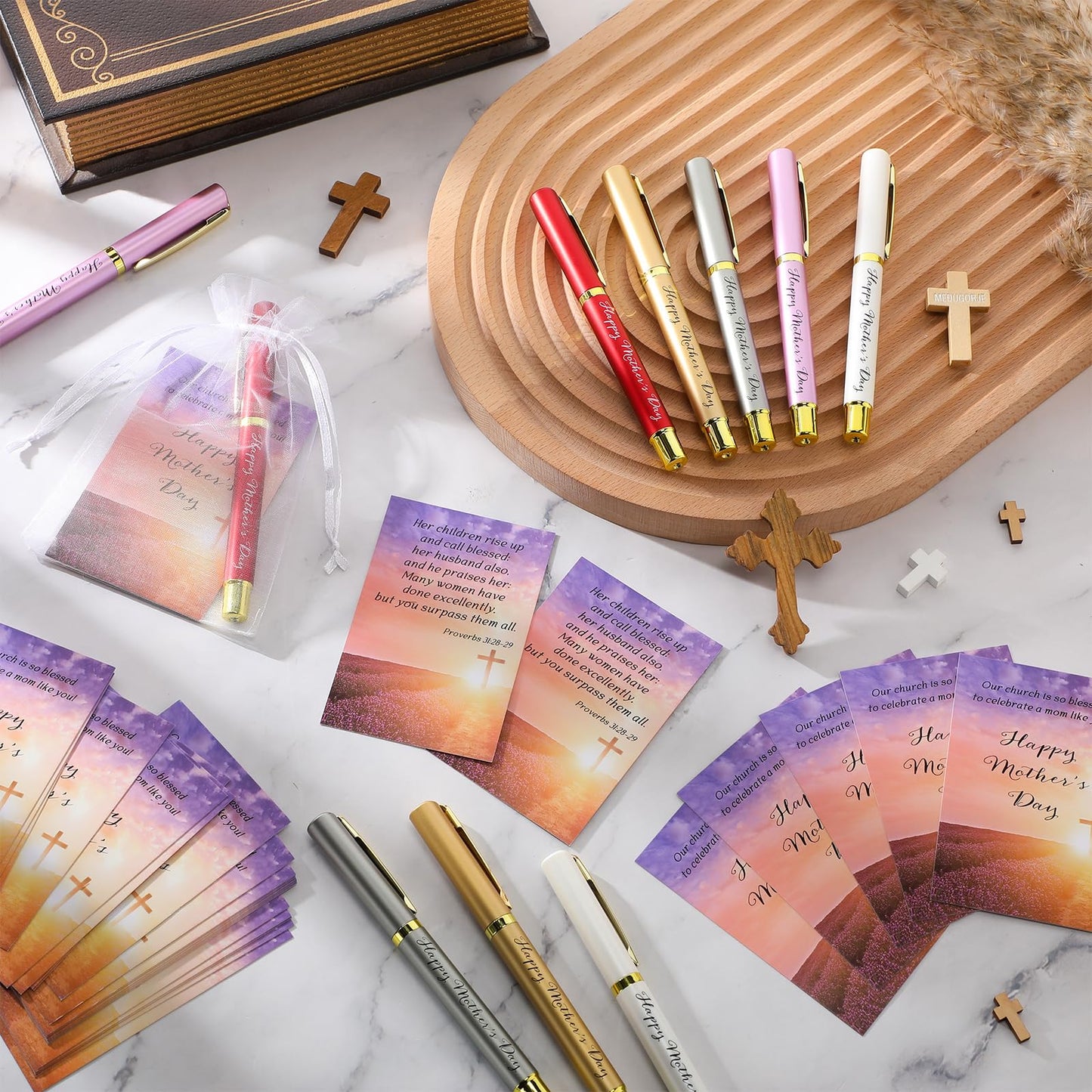 Tellingyou 100 Sets Mother's Day Church Gifts Bulk Included Happy Mother's Day Pens Inspirational Religious Cards Bible Verse Cards and Organza Bags for Women Church Members Christian Gift, 5 Colors