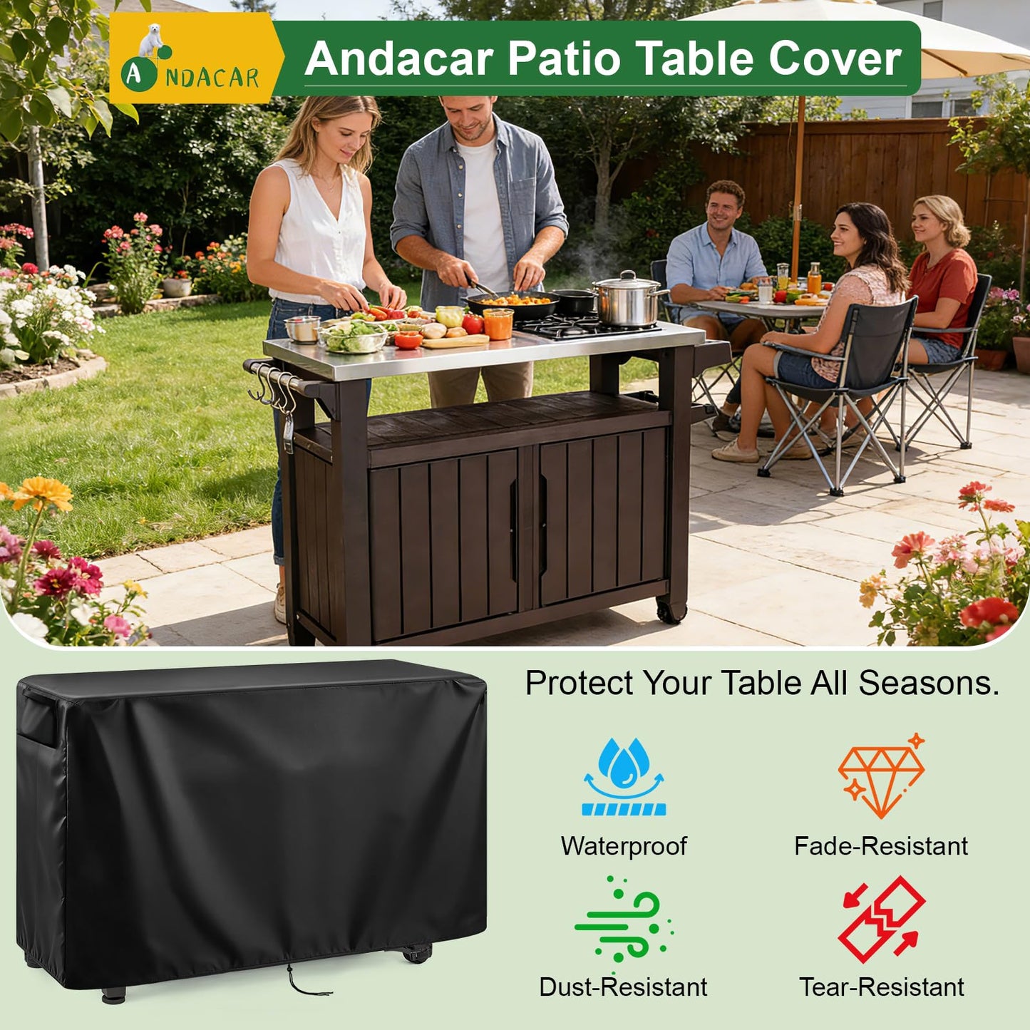 Ancadar Prep Table Cover, 52inch Outdoor Cooler Cart Cover for Keter Unity Xl Portable Bar Rolling Cooler Cart and Storage Cabinet Cover Heavy Duty Waterproof Patio Ice Tool Chest Cover