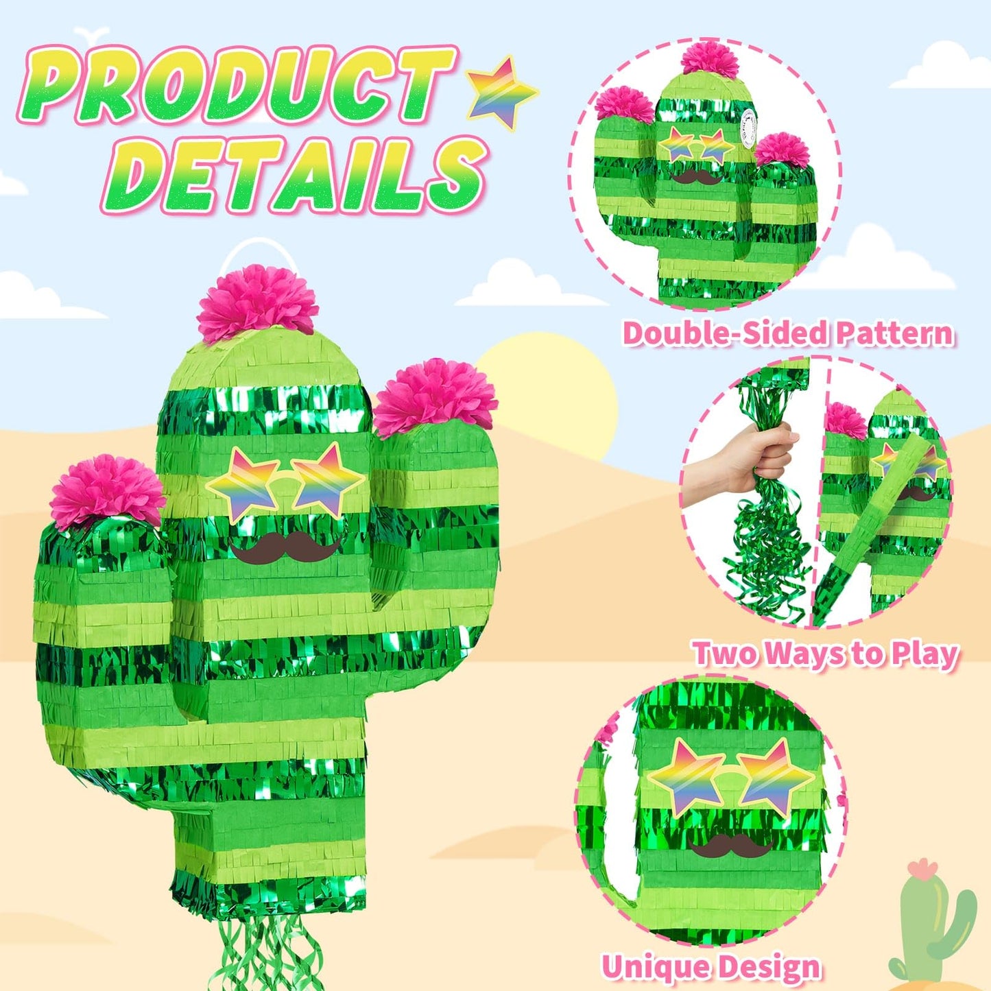 WERNNSAI Cactus Pinata - Mexican Fiesta Party Decorations Tropical Hawaiian Pinata with Stick and Blindfold Cinco de Mayo Supplies Summer Luau Taco Bar Decor Green Cactus Photo Prop