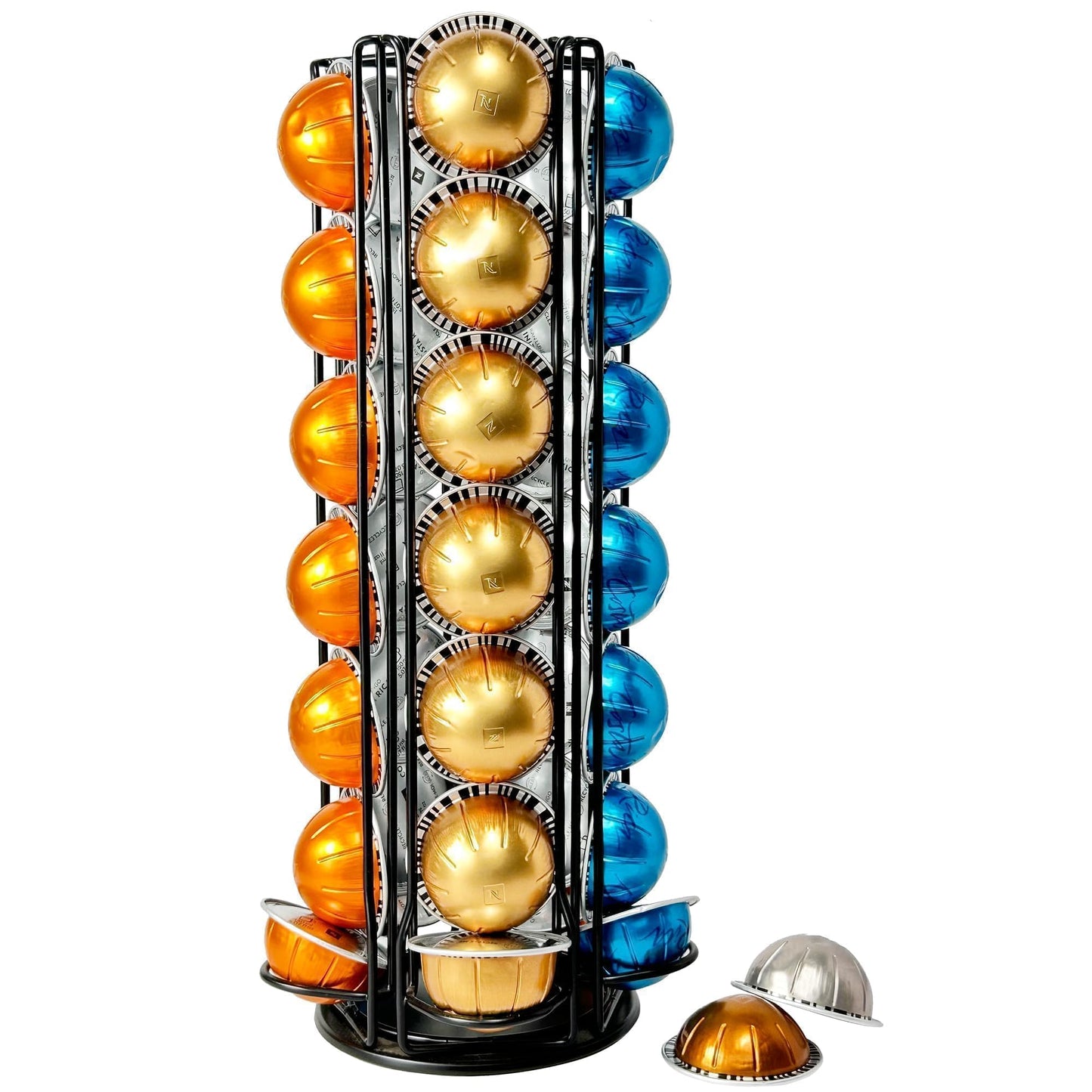 Worbic Coffee Pod Holder Organizer for Nespresso VertuoLine, Black Metal Coffee Pod Capsule Holder Stand Rotating Carousel,Holds 35 Capsules