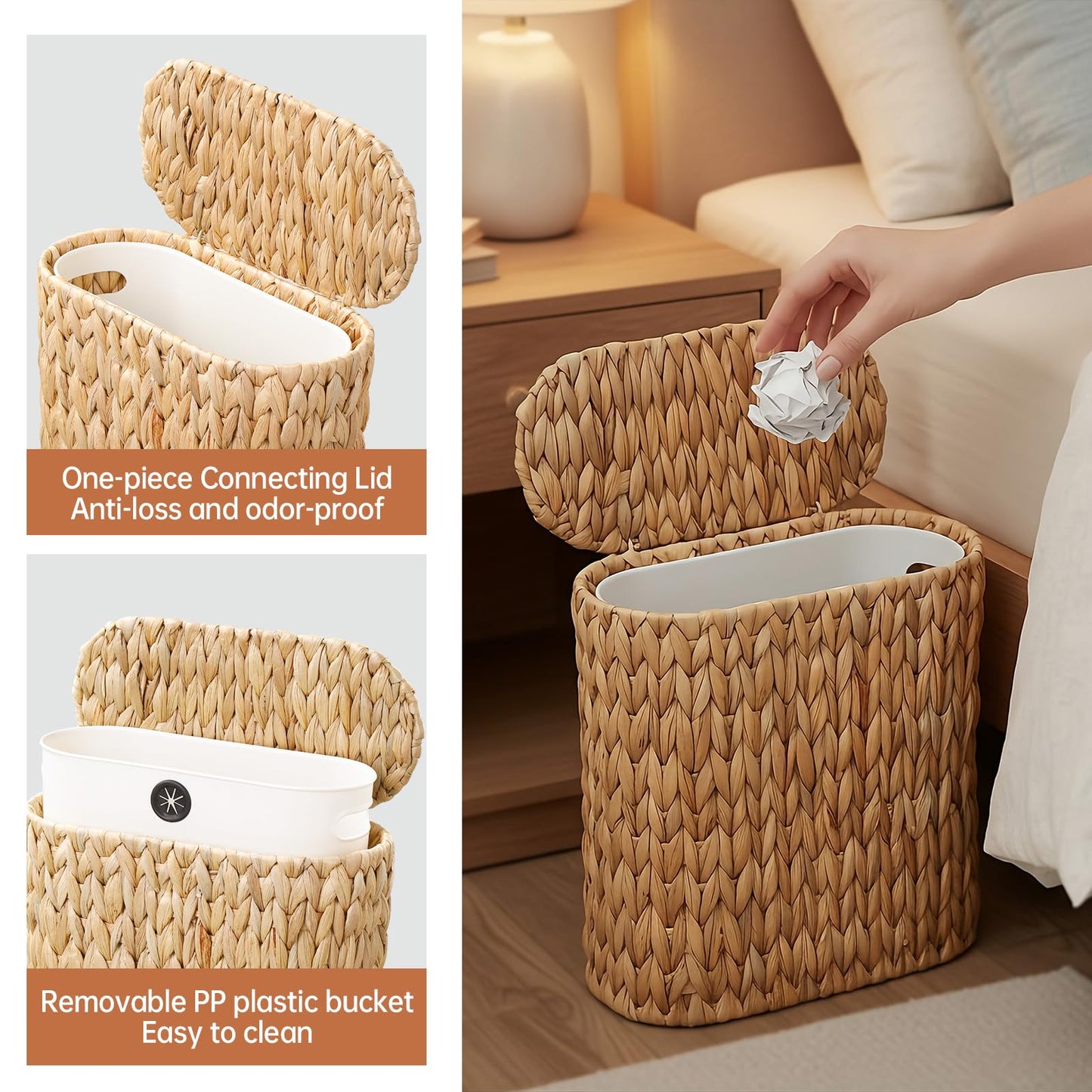 Coeusy 3 Gallon Wicker Trash Can with Lid and Liner,Small Bathroom Trash Cans,Woven Rattan Narrow Waste Basket for Bedroom,Home Office,Natural Water Hyacinth