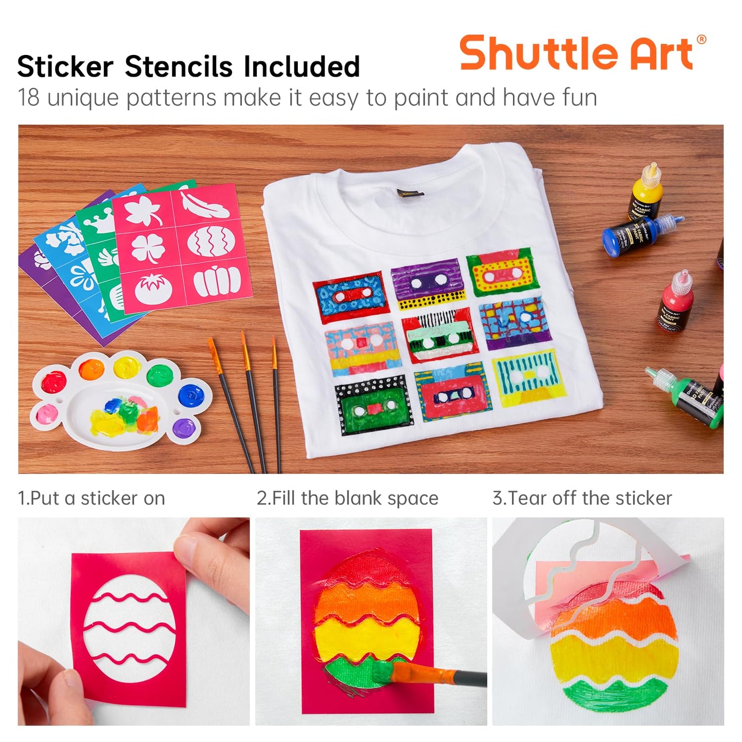 Shuttle Art 3D Textile Paint Machine Washable, 24 Fabric Paints Washable with Brushes, Templates, 3D Textile Paints with Metallic, Neon and Glitter Colours, Fabric Paints Washable Children for T-Shirt