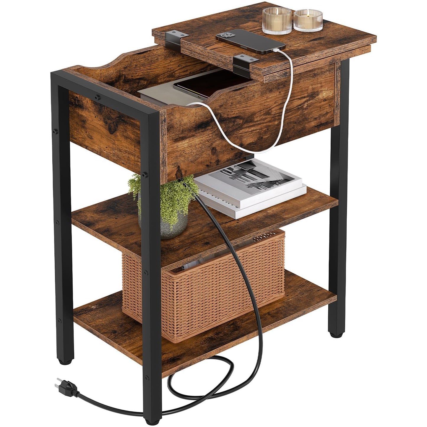 HOOBRO Side Table, Flip End Table with Charging Station and Shelves, USB Ports & Power Outlets, Narrow Nightstand for Small Spaces, Stable and Sturdy, for Living Room, Bedroom, Rustic Brown BF341BZ01