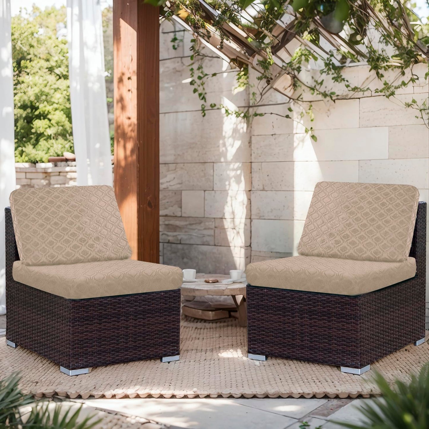 Outdoor Patio Furniture Cover Waterproof Couch Cushion Cover Stretch Jacquard Patio Chair Sofa Cover Individual Cushion Couch Slipcover Furniture Protector (6PCS, Khaki)