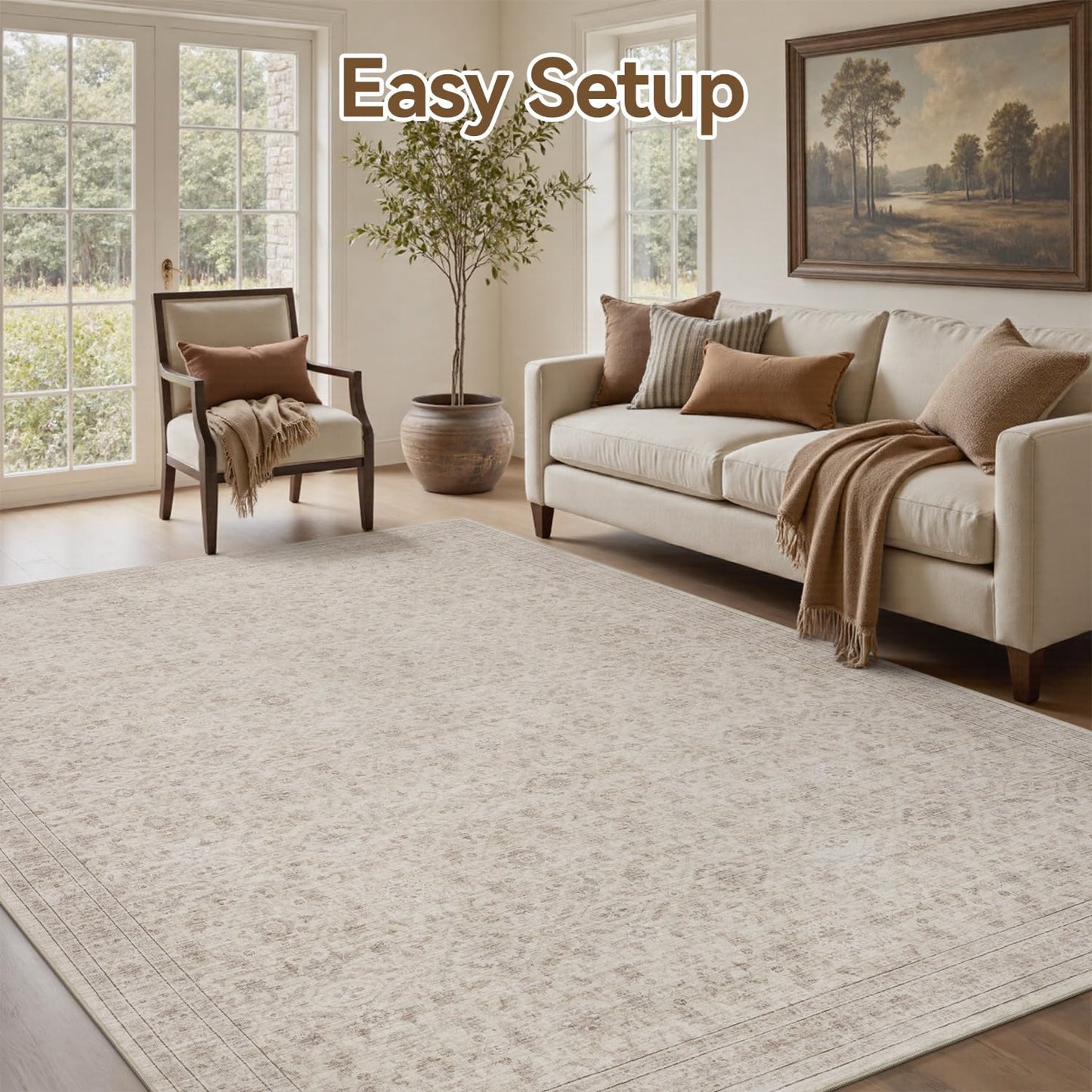 Area Rug-Carpet 5X7 Rugs for Living Room Machine Washable Rug Soft Non Slip Vintage Rug for Living Room Bedroom Dining Office Beige