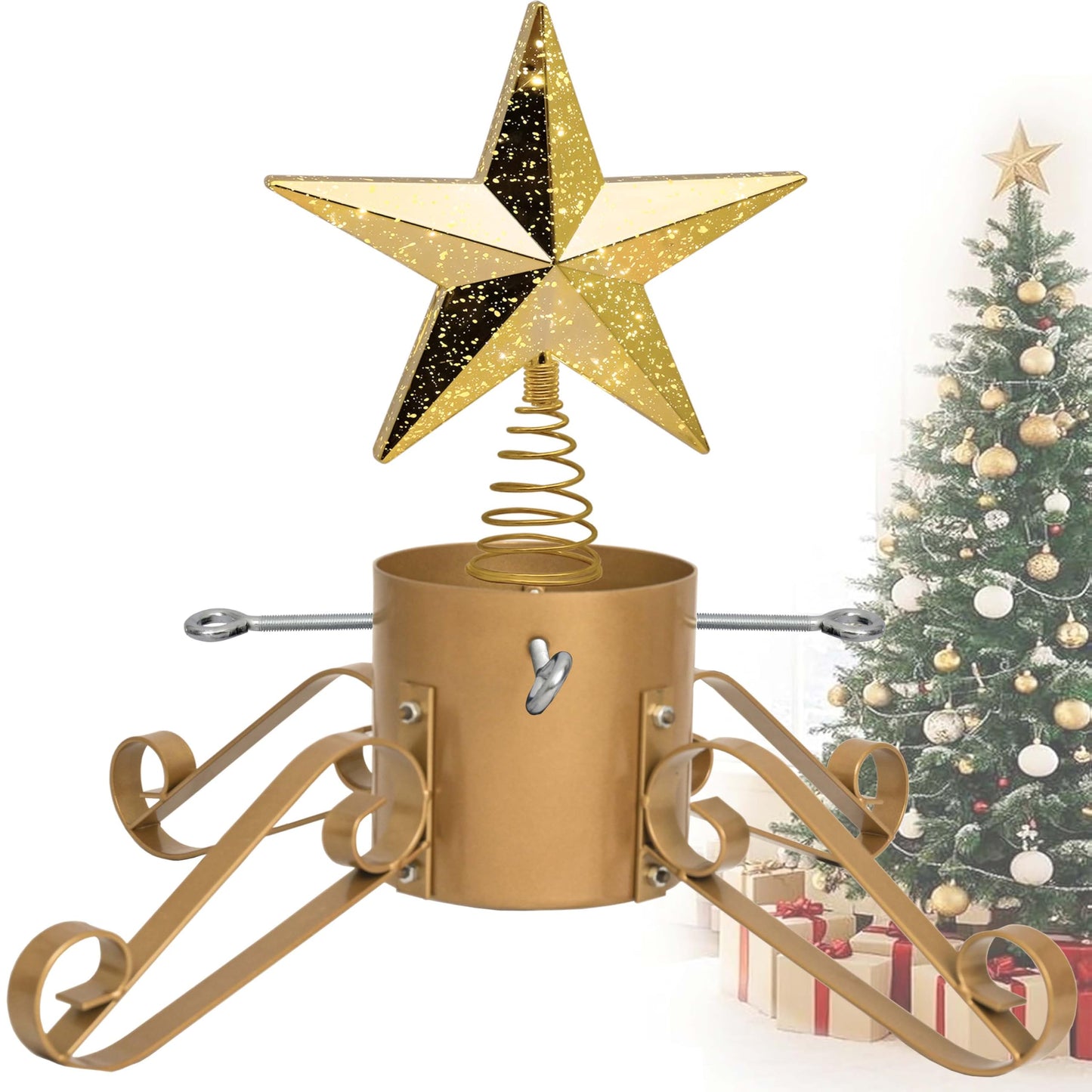 10FT Christmas Tree Stand for Real & Artificial Trees, 24" Base Holds up to 10 ft Live Trees & 3D Tree Topper with Timer, 20 Clear Lights & 8 Light Modes (Gold)