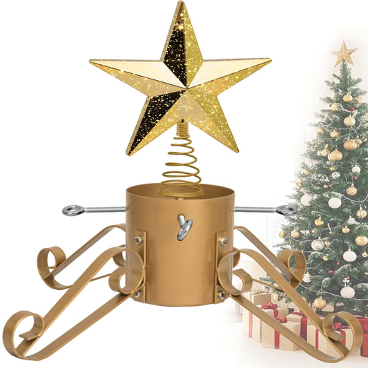 10FT Christmas Tree Stand for Real & Artificial Trees, 24" Base Holds up to 10 ft Live Trees & 3D Tree Topper with Timer, 20 Clear Lights & 8 Light Modes (Gold)